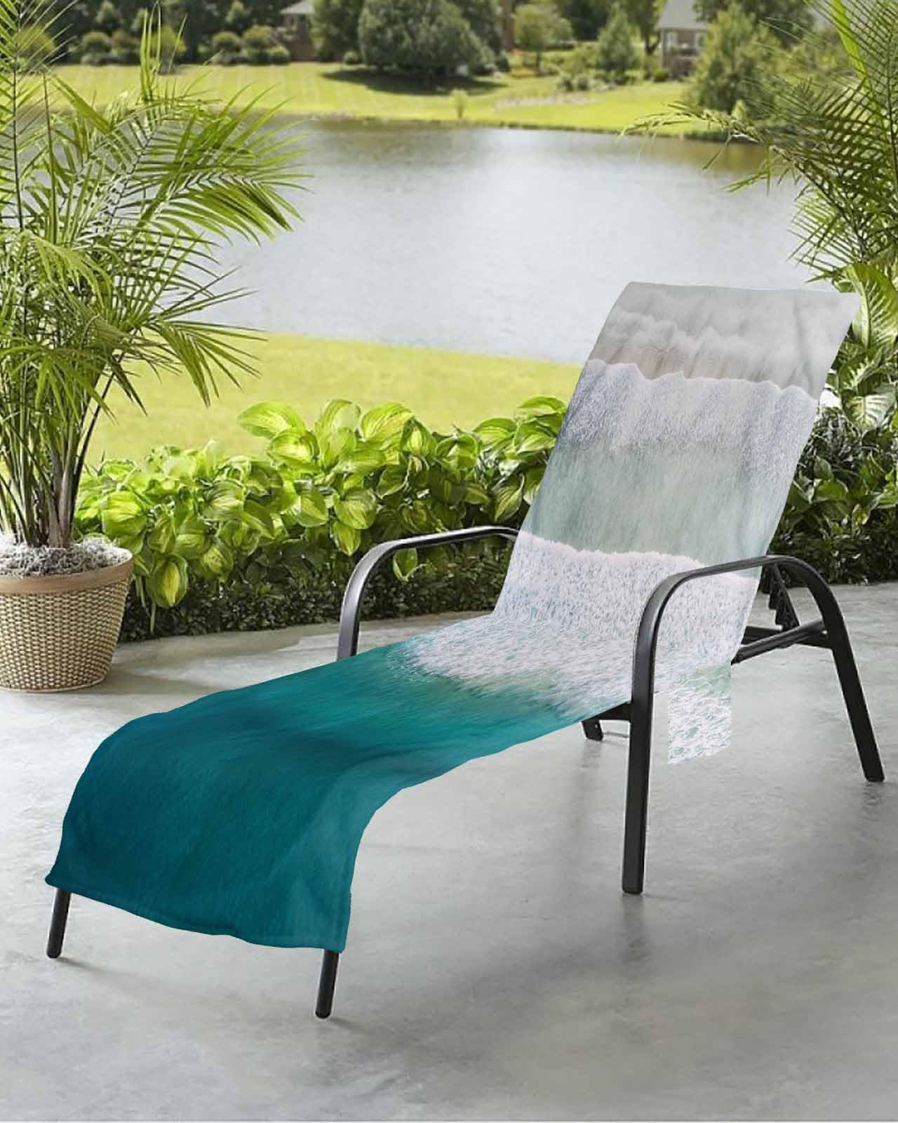 Abstract Beach Chair Towel Covers for Chaise Lounge with Side Pocket, Soft Plush Pool Towels Cover for Patio Sunbathing Outdoor 29''x85'' Ocean Multi Seawaves Minimalist Geometric