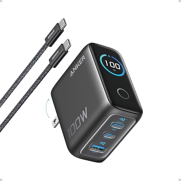 Anker Charger, 100W Max Ultra-Compact 3-Port GaN USB C Charger Block with Smart Display and Touch Control, Fast Wall Adapter for iPhone 17/16 Series, iPad, MacBook (Include Charge Cable, Non-Battery)