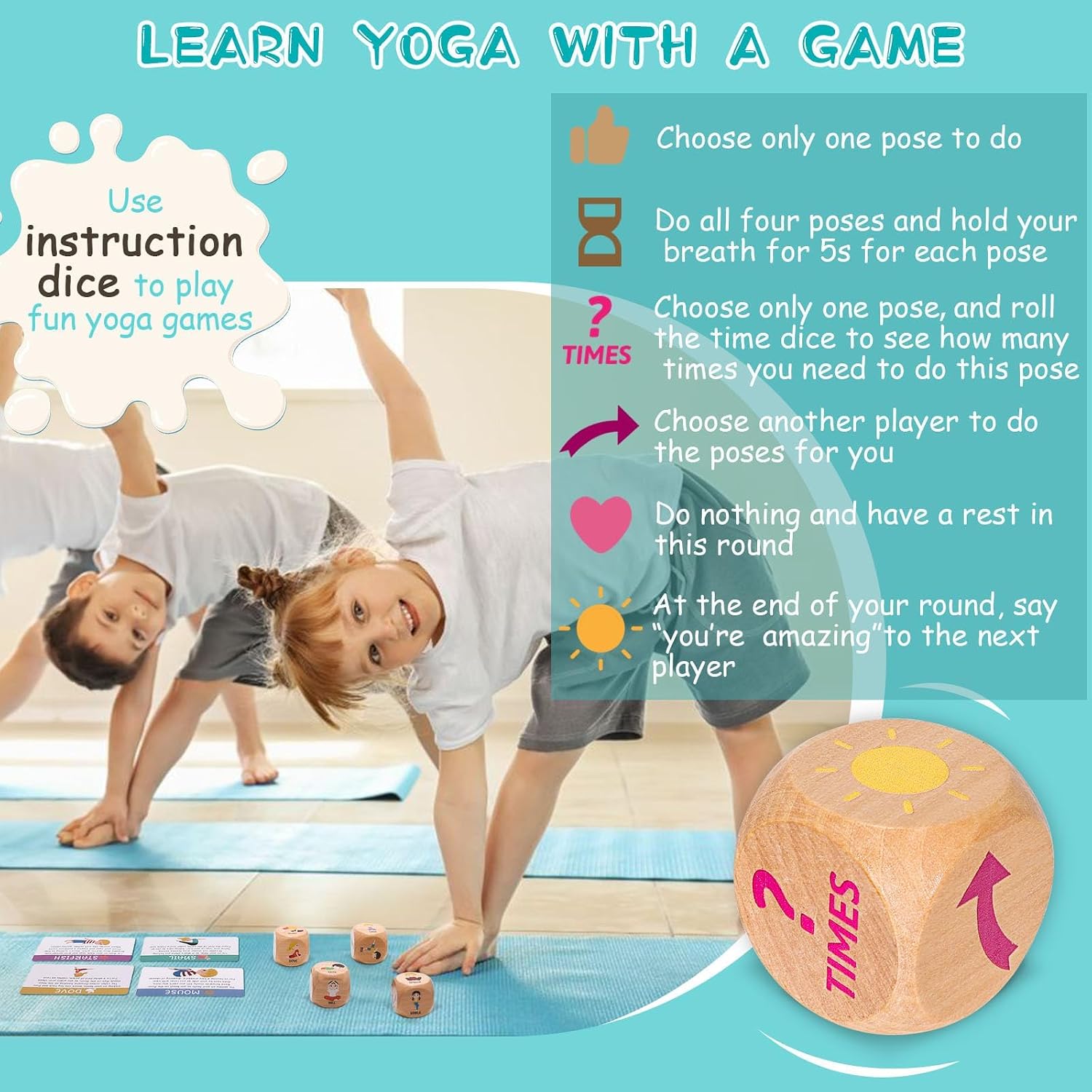 Garybank Kids Yoga Dice Set - Yoga Pose Practice Card Set for Kids | 6 Wooden Dice, Wooden Storage Box, 36 Yoga Poses, Cute Image, 20 Mindfulness Cards, Workout Dice for Kids, Yoga Gift for Kids