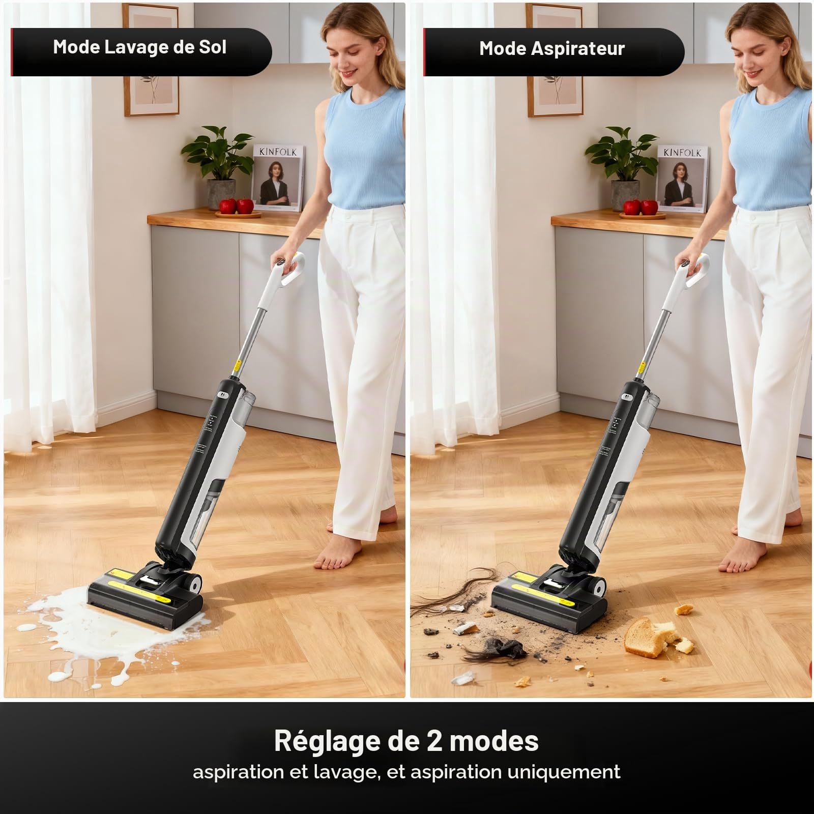 W12SE Aspirateur Laveur Sans Fil, 12000 Pa Puissance d'Aspiration, Lavage et Aspiration, Design Anti-Enchevêtrement, Désinfection par Électrolyse, 45 Minutes d'Autonomie, Réservoir Double 1,15L