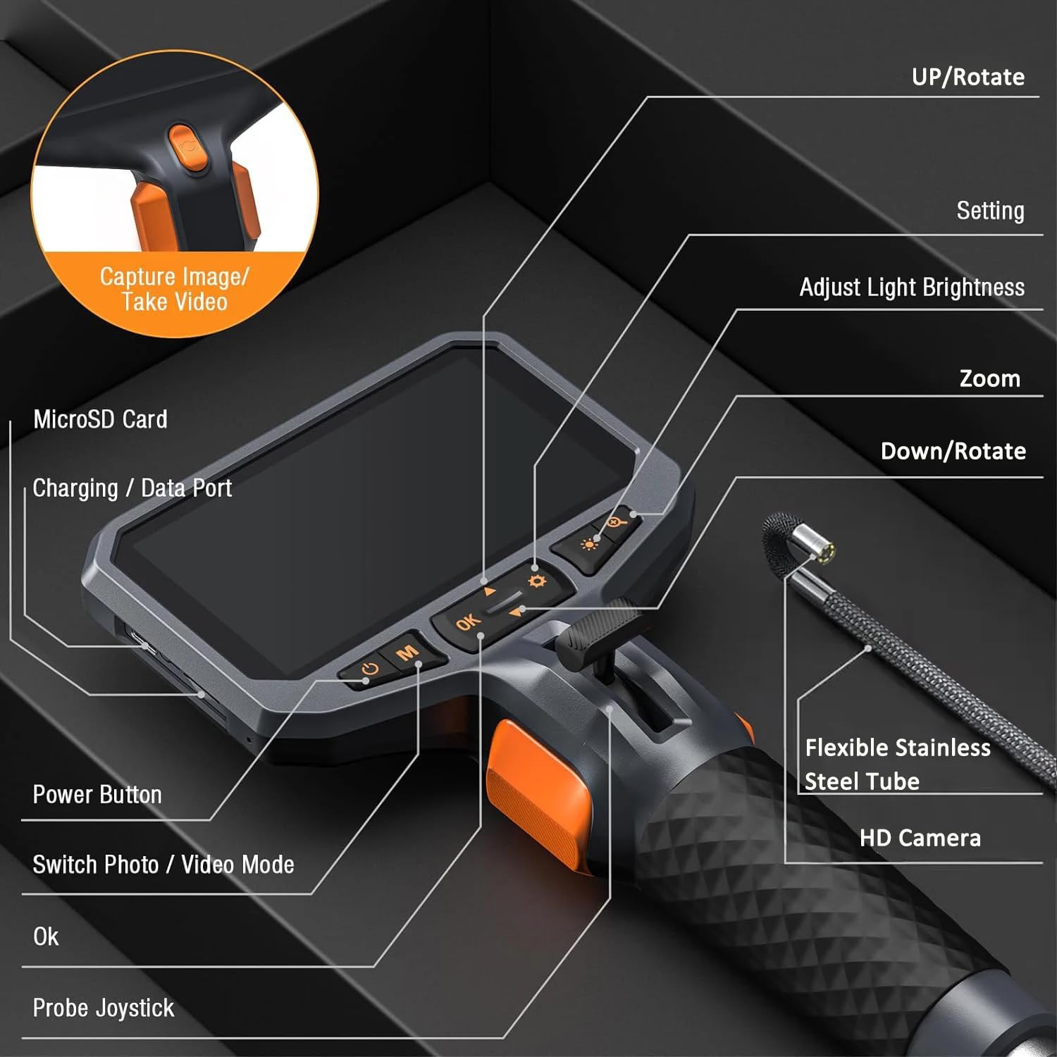 Digital Inspection Camera, 8.5mm Diameter Borescope with LED Lights, 1.55m Cable - TD450SD85L155