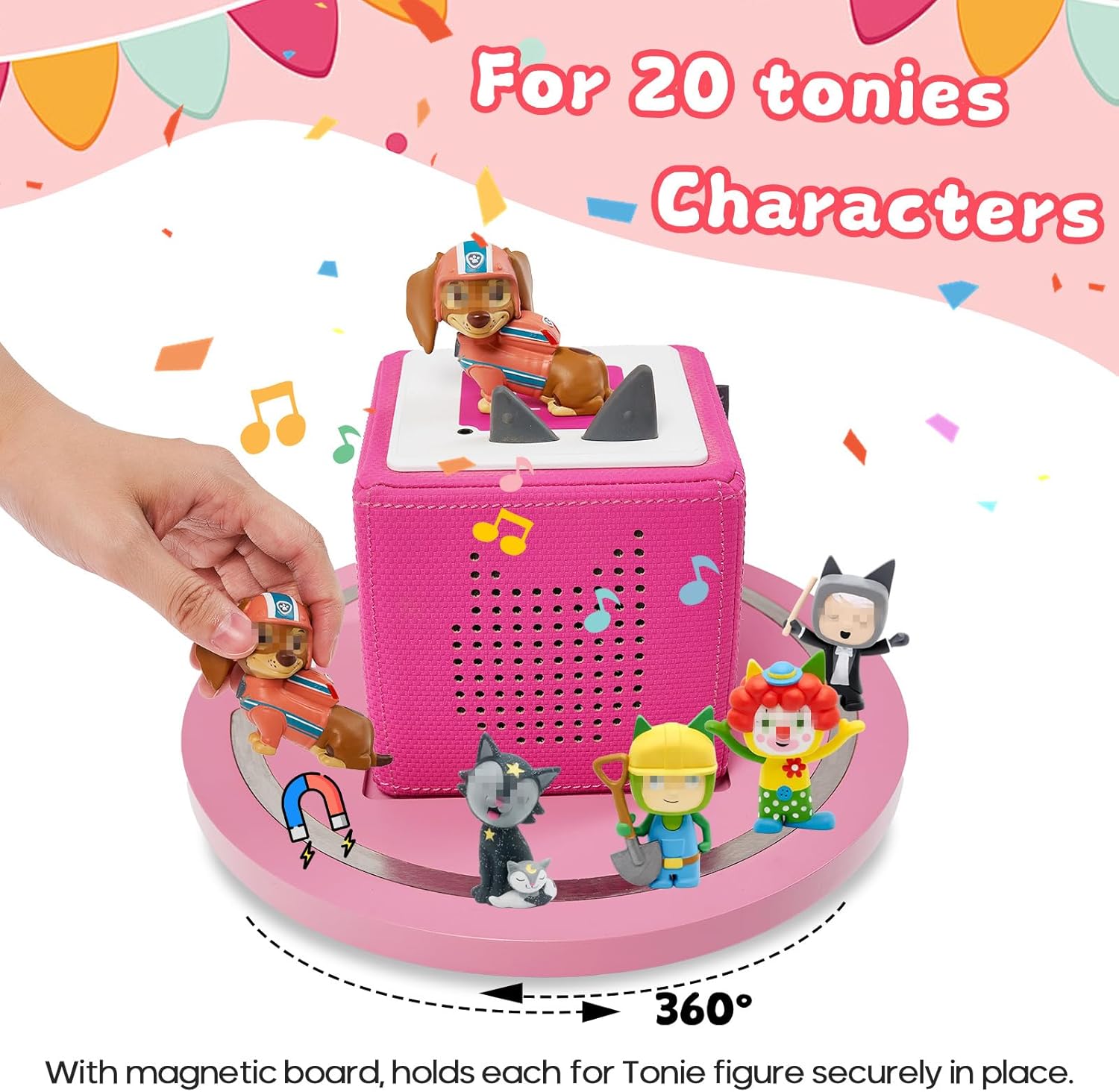 for TonieBox 1 and Toniebox 2, Tonies Box Shelf 360° Round Turntable Pine Wooden Tonies Magnetic Shelf Organizer Figure 10-20 Characters Compatible Charging Station Shelves for Kid's Room(Pink)