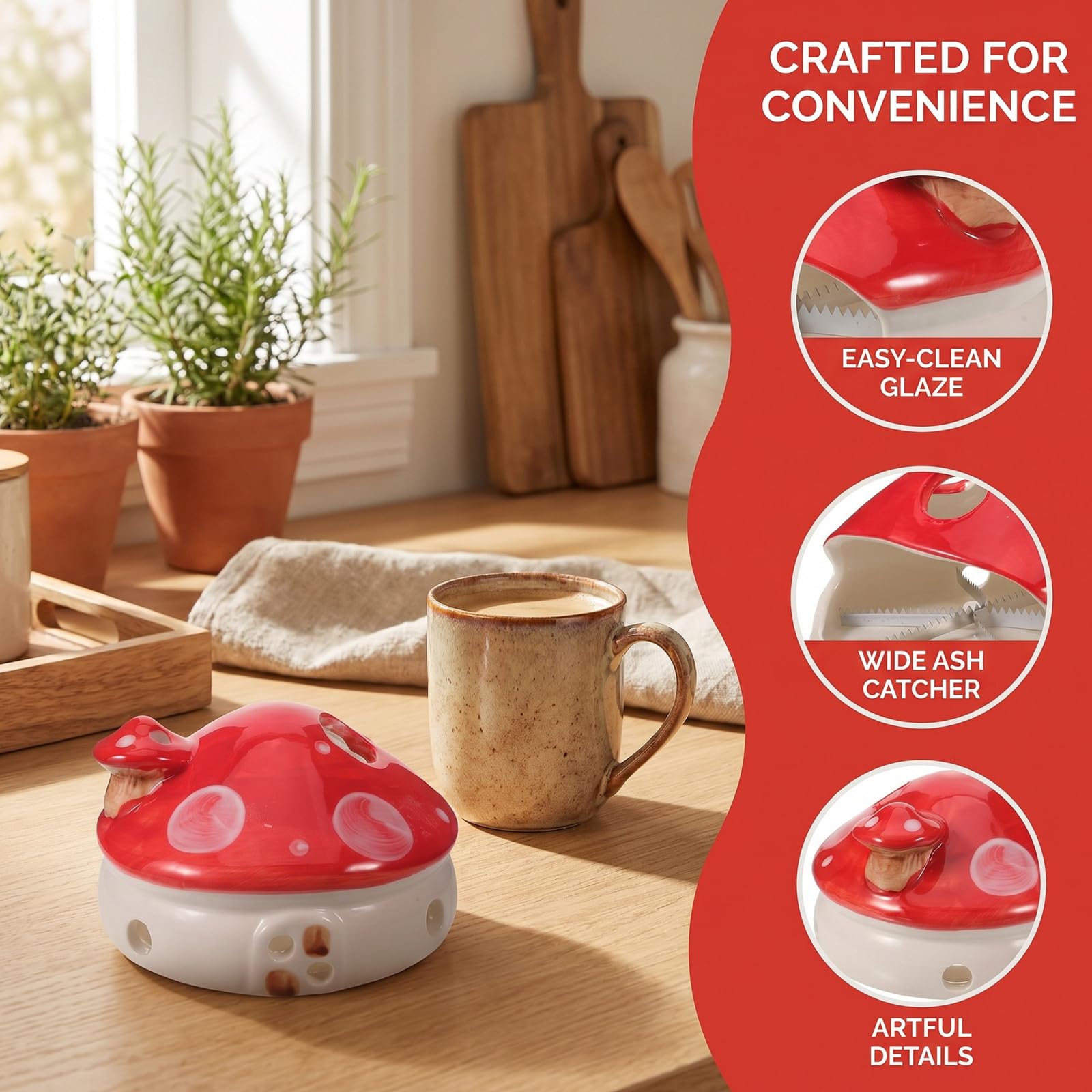 Yardenfun Porta Incienso Protector de Superficies en Forma de Hongo Rojo de Cerámica Acabado Vidriado y Recogedor de Residuos Adecuado para Estudio o Patio Exterior