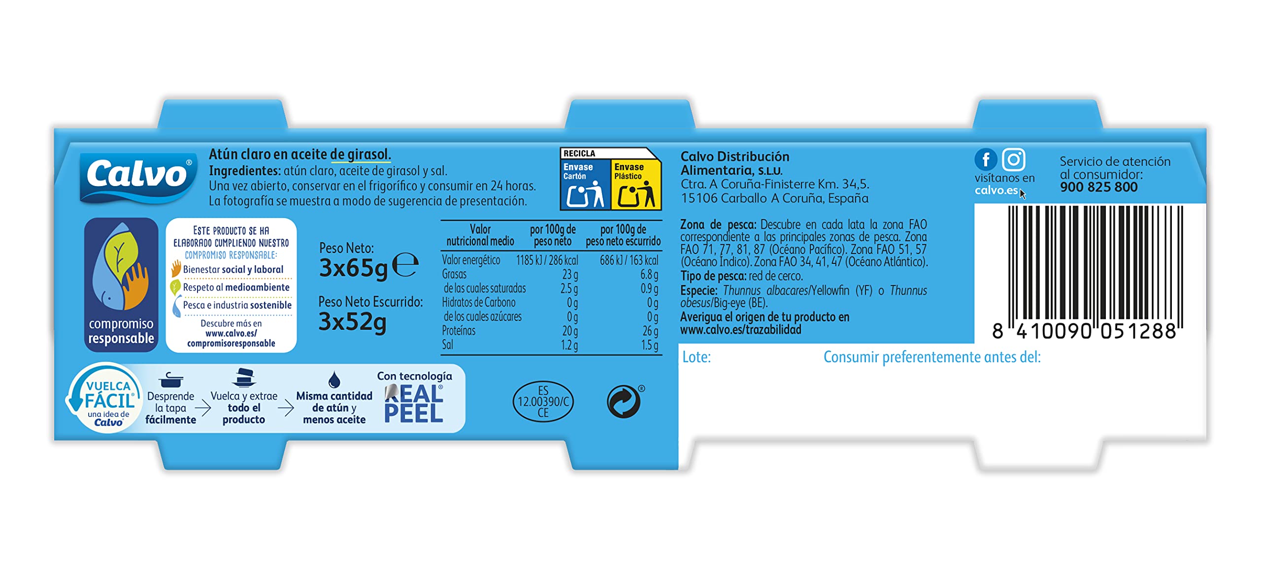 Calvo Atún Claro en Aceite de Girasol Pack 3 x 65g