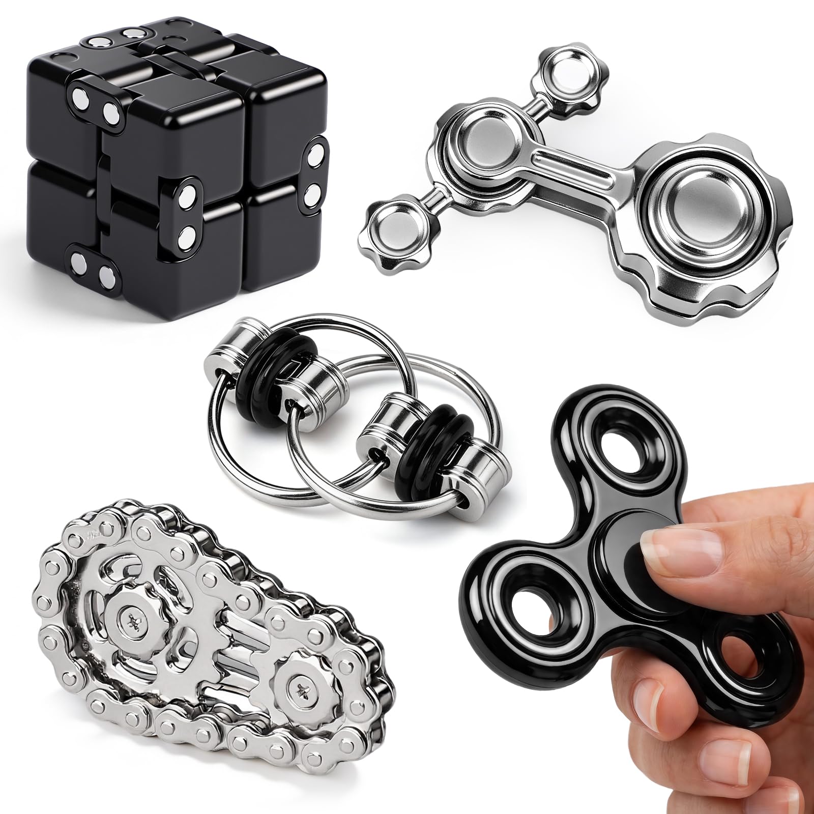 5PCS Fidget Spinner Toys Set, Metal EDC Fidget Gadgets with Chain Ring, Bike Chain, Flip Toy, Desktop Fidget Toys for Adults Teens, Stocking Filler Stuffer Party Gift, for Christmas