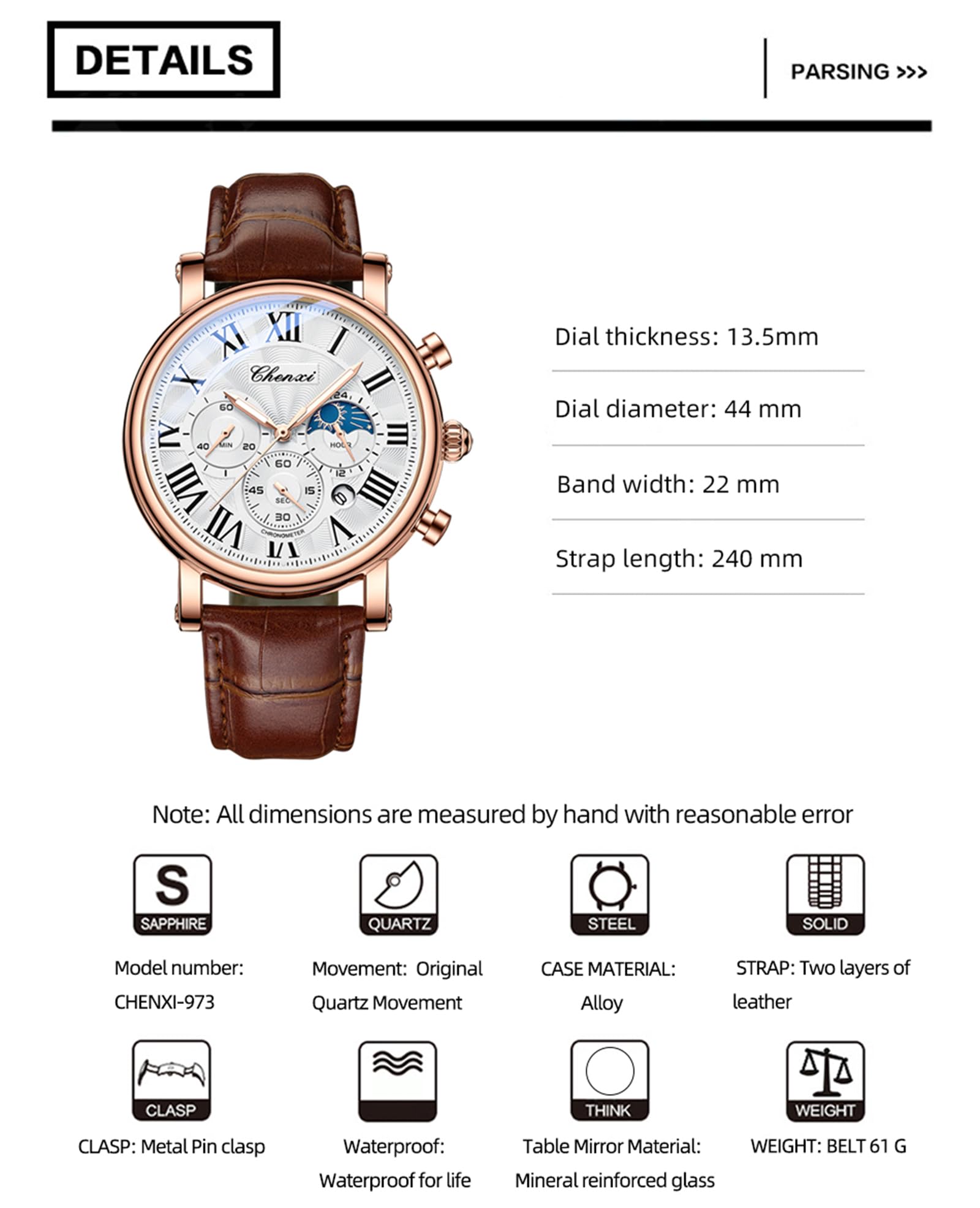 FANMIS Men's Classic Multifunctional Military Sports Analog Watch Business Dress Waterproof Luminous Chronograph Starry Sky Moon Phase Leather Wristwatch