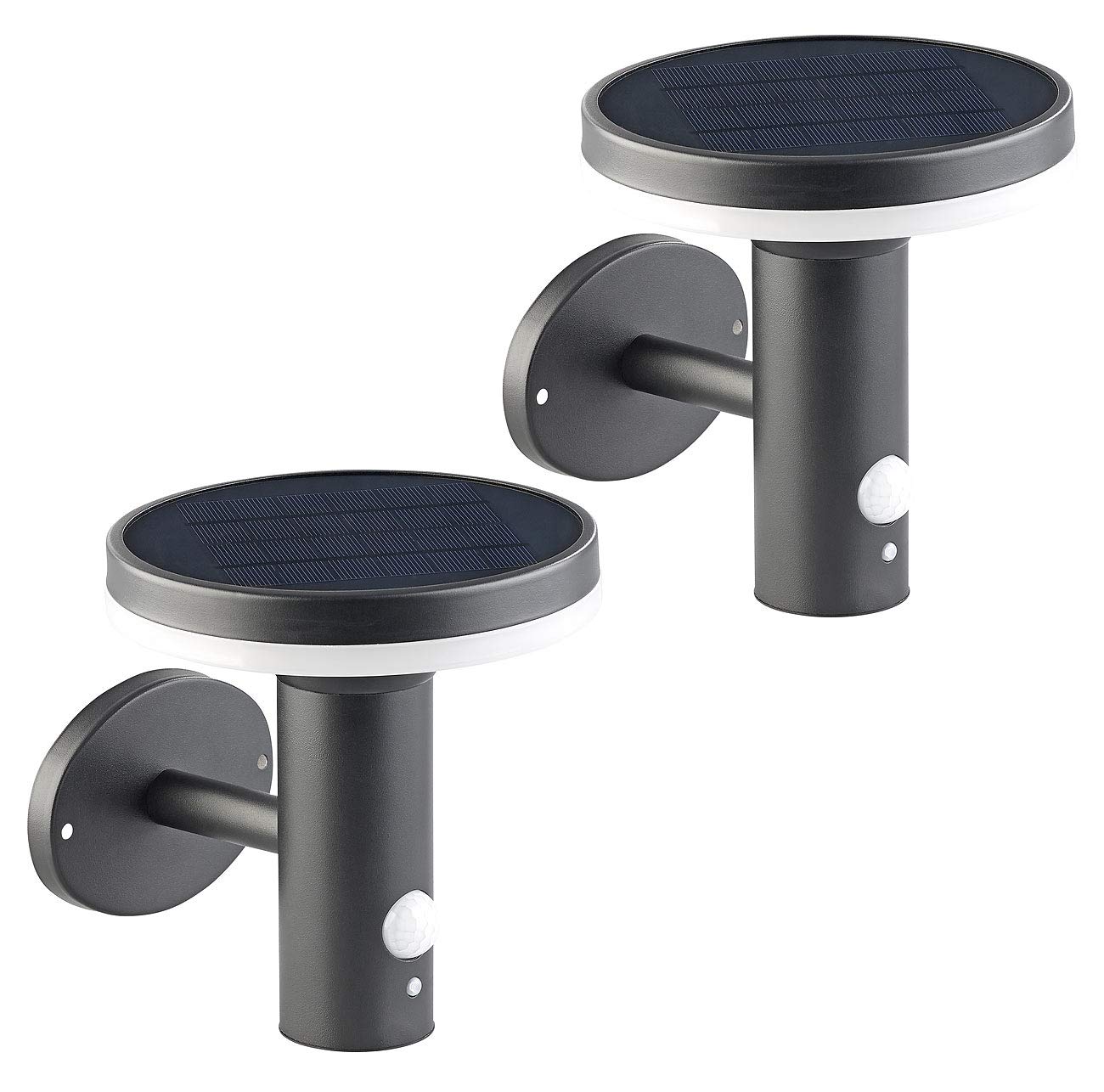 Lunartec Wandlampe: 2 Premium-LED-Solar-Wandleuchten, PIR-Sensor, Nachtlicht, 600 Lumen (hochwertige Solar-Wandlampe, Moderne Wandlaternen, Dimmer)