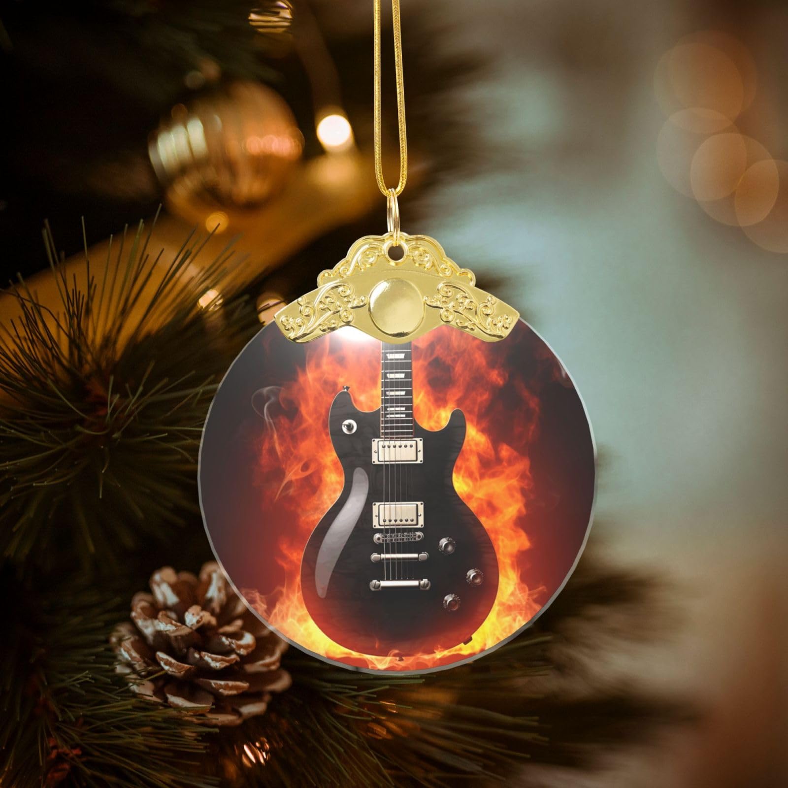 Crystal Christmas Ornaments for Christmas Tree Decoration Hanging Rock Guitar Ornament with Gold Ribbon Crafts Round Pendant for Keepsake Gifts Glass Xmas Decor Party Supplies