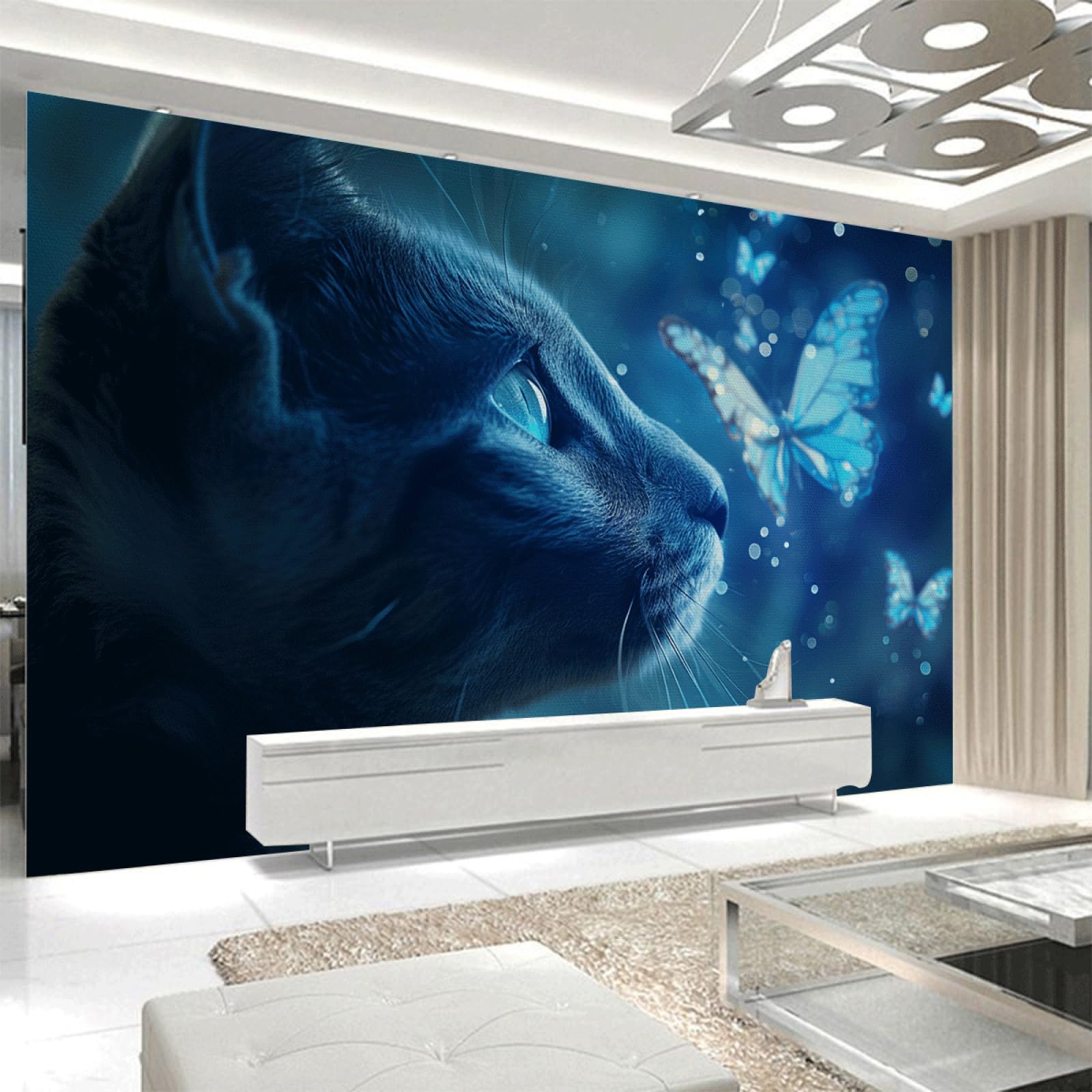 Papel Pintado Pared DormitorioGato Gris Azul Papel para Pared Removible sin Pegamento Decoración Mural para Salón Oficina Habitación Infantil Fácil de Instalar 400x240cm