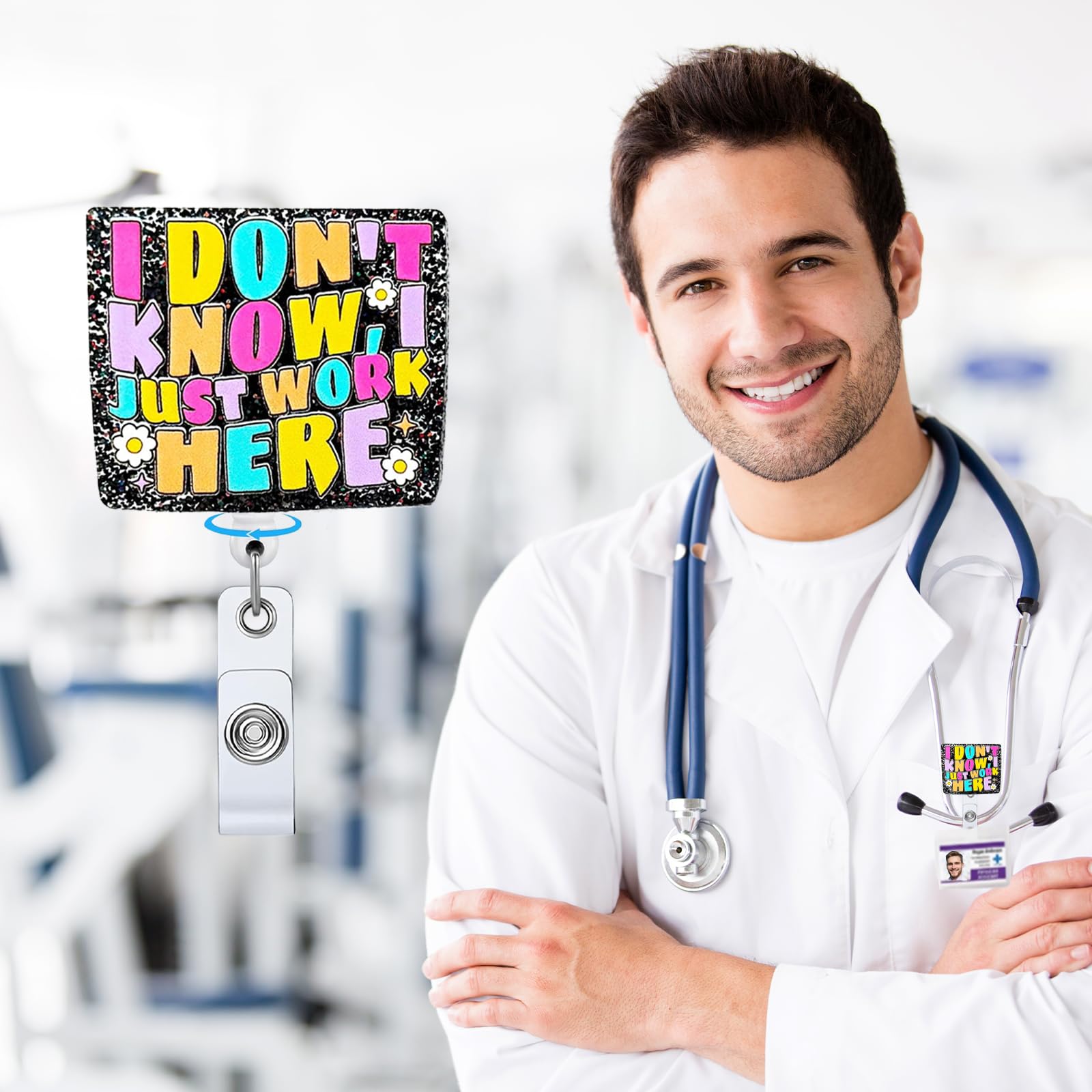 I Don't Know I Just Work Here - Carrete Retráctil De Insignia, Divertido Clip De Identificación Con Purpurina, Regalo Para Enfermeras, Asistente Médico, Enfermería, Médico, Oficinista, Profesor