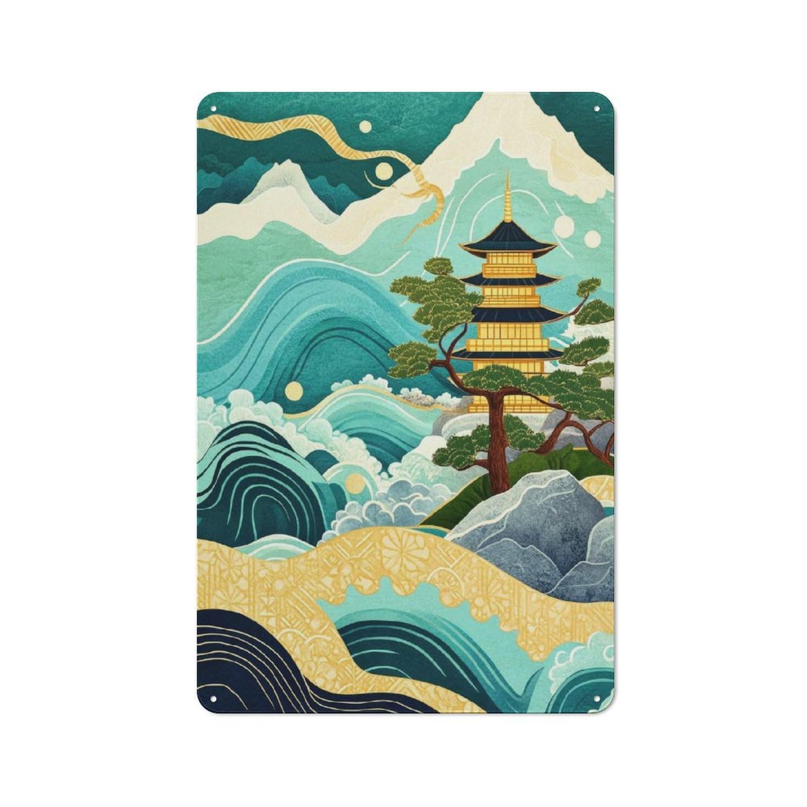 Junmoney Japanese Pagoda Landscape Retro-Style Metal Sign 30X20cm For Garage Or Workshop, A Moving-Home Gift For Collectors Of Tin Signs