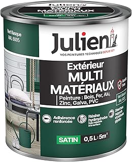 Julien Peinture Multi-Matériaux Satin en phase Aqueuse - Bois, Fer, Alu, PVC, Zinc, Acier galvanisé, brut ou peint - Vert Basque 0,5 L