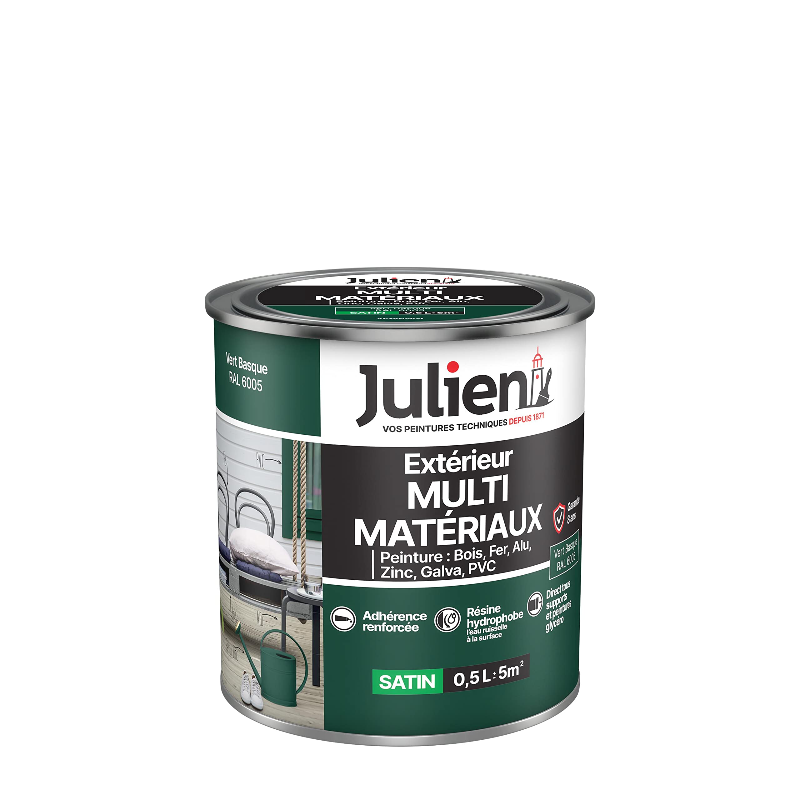 Julien Peinture Multi-​Matériaux Satin en phase Aqueuse - Bois, Fer, Alu, PVC, Zinc, Acier galvanisé, brut ou peint - Vert Basque 0,​5 L