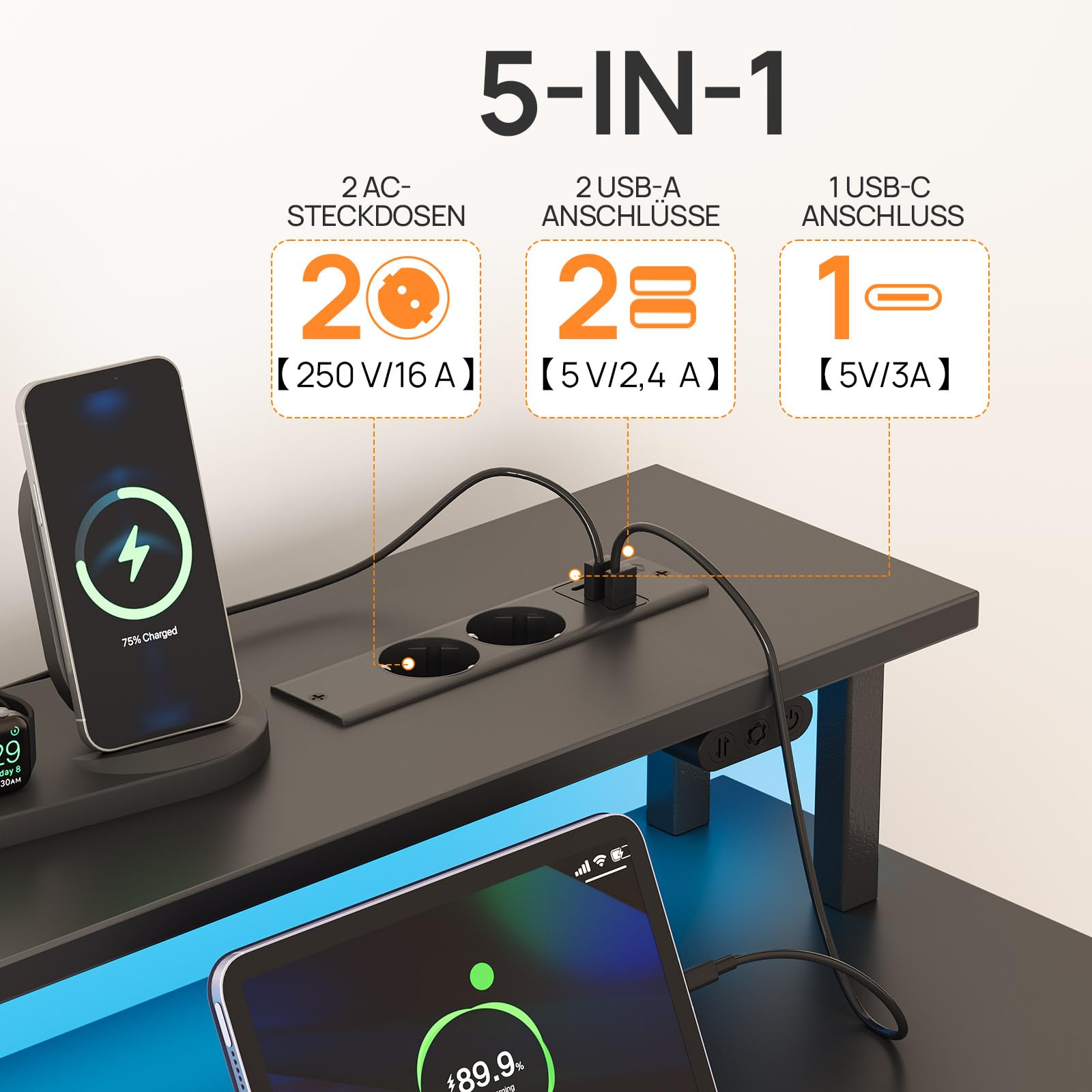 Rolanstar Schreibtisch mit Steckdose, Computertisch mit 5 Schubladen, LED, Aufbewahrungstasche & Monitorständer, Moderner Eckschreibtisch für Homeoffice & Gaming (Schwarz)