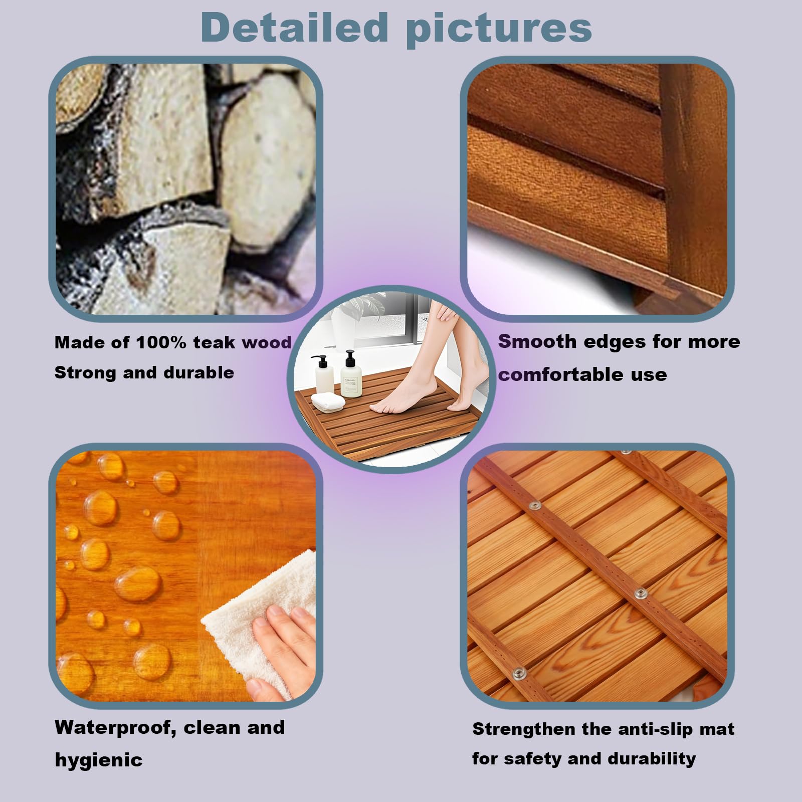 Tappetino originale per vasca da bagno e doccia in teak, antiscivolo, impermeabile, durevole, capacità di carico fino a 136 kg, adatto per bagno spa e uso esterno (83,8 x 71,1 cm (rettangolare))
