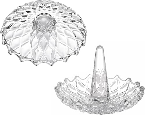 Miniatura 7 de MyGift Cono de cristal transparente con bandeja, soporte para anillo de boda de compromiso con diseño redondo de explosión de estrellas, plato