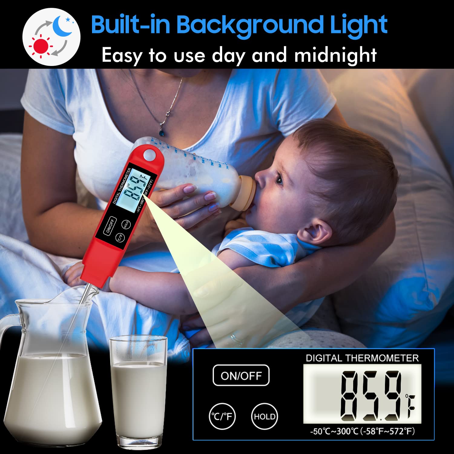 DOPI Instant Read Meat Thermometer for Grill and Cooking, Waterproof Fast Food Thermometer with Backlight, Digital Food Probe for Kitchen Cooking, Candy Making, Outside Grill - Red