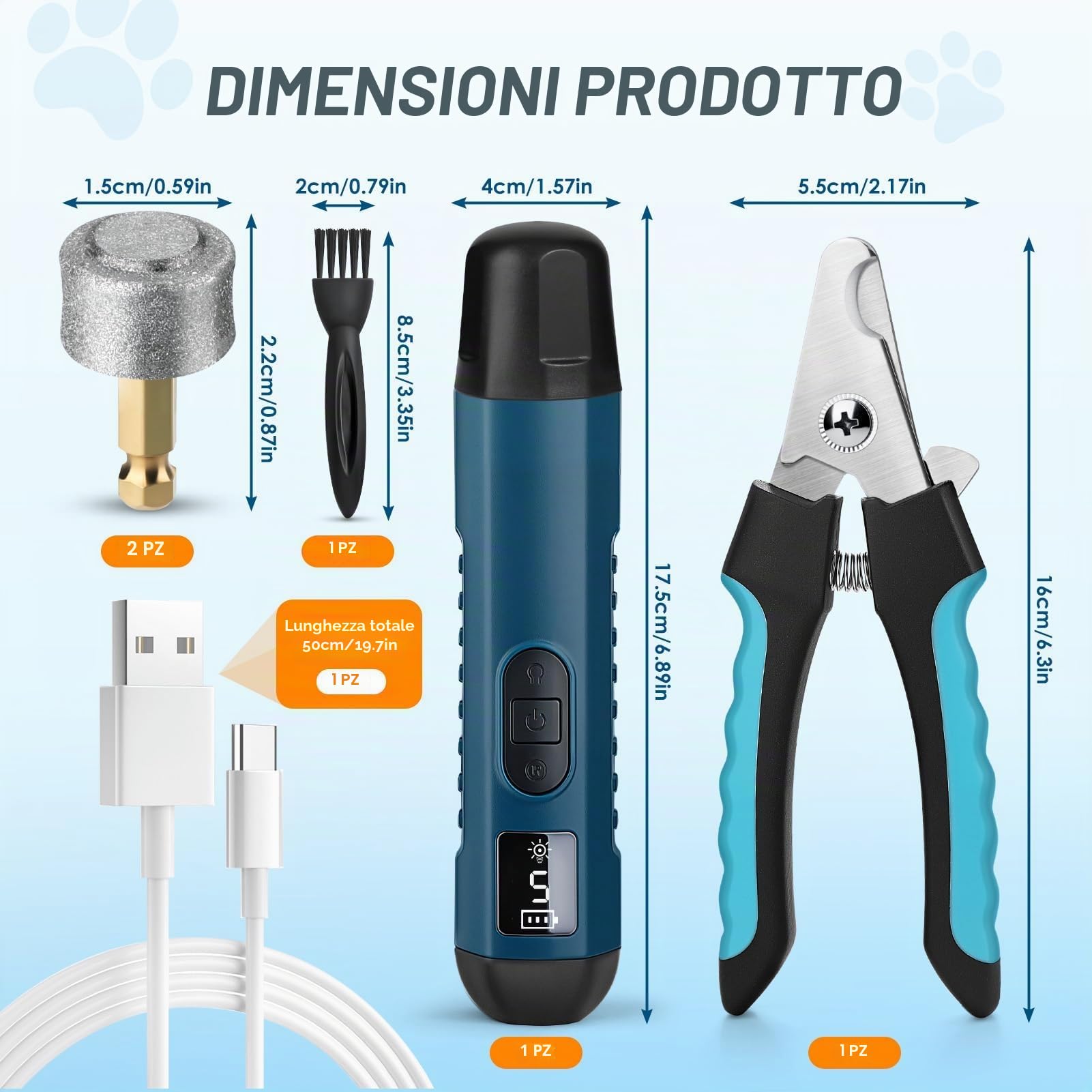 GlasFlength Lima Taglia Unghie per Cane e Tagliaunghie Cani, 5 velocità Professionale Tagliaunghie Gatto con 2 Luci LED Ricaricabile Lima Unghie per Cani e Gatti di Taglia Piccola Media e Grande