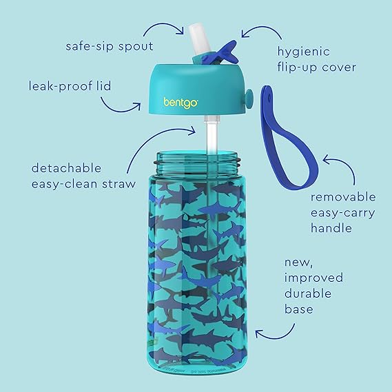 Bentgo Kids Prints Lunch Box Kids Water Bottle - New & Improved 2023 (Sharks)