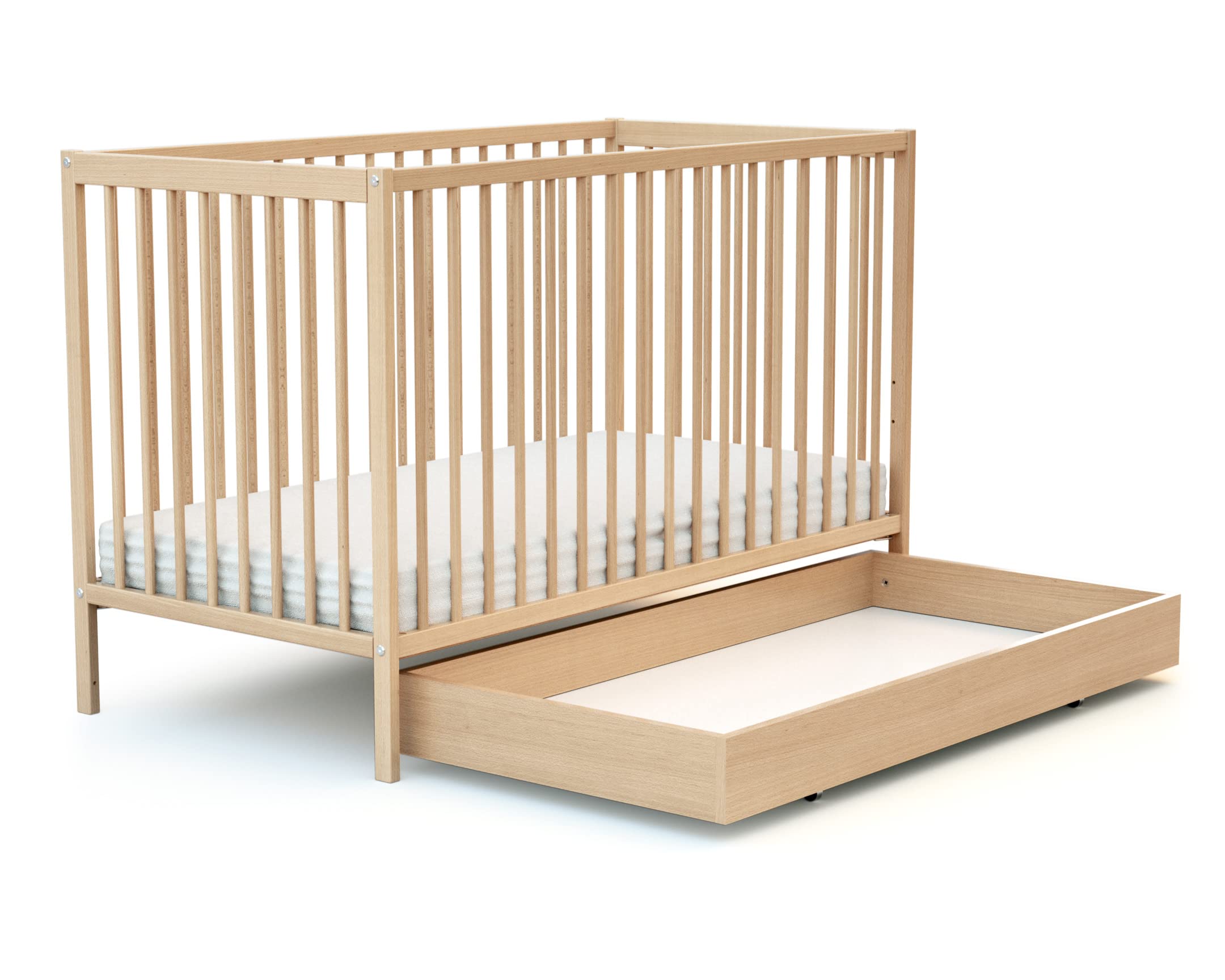 AT4 - Tiroir de lit ESSENTIEL Hêtre verni | Pour lit bébé 60x120 cm | Tiroir universel en bois | Tiroir à 4 roulettes | Hauteur 15cm | Rangement pratique et discret | Gain de place