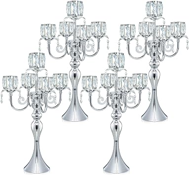 Candelabra Candle Holders, Elegant Bling Centerpiece with Pendant Crystal Table Decorations 5 Arms Candlesticks for Dining Room,22 Inches Tall 4, Silver