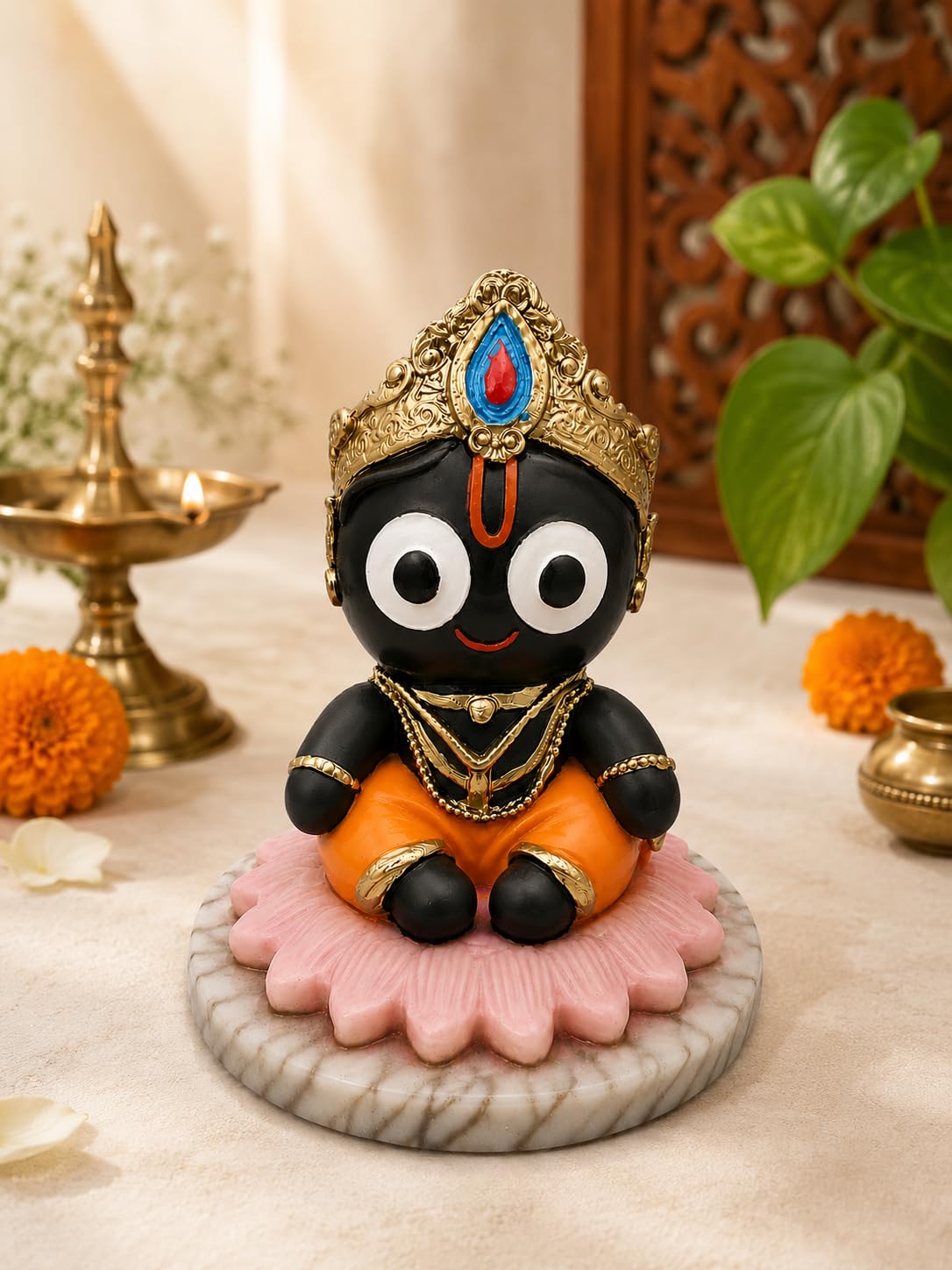 TSS The Sanatan Setu Handcrafted Jagannath ji Idol | 10 cm Marble Dust Multicolour Decorative Showpiece, Murti for Car Dashboard, Home Temple & Office (JAGANNATH JI Sitting ON Lotus Base)
