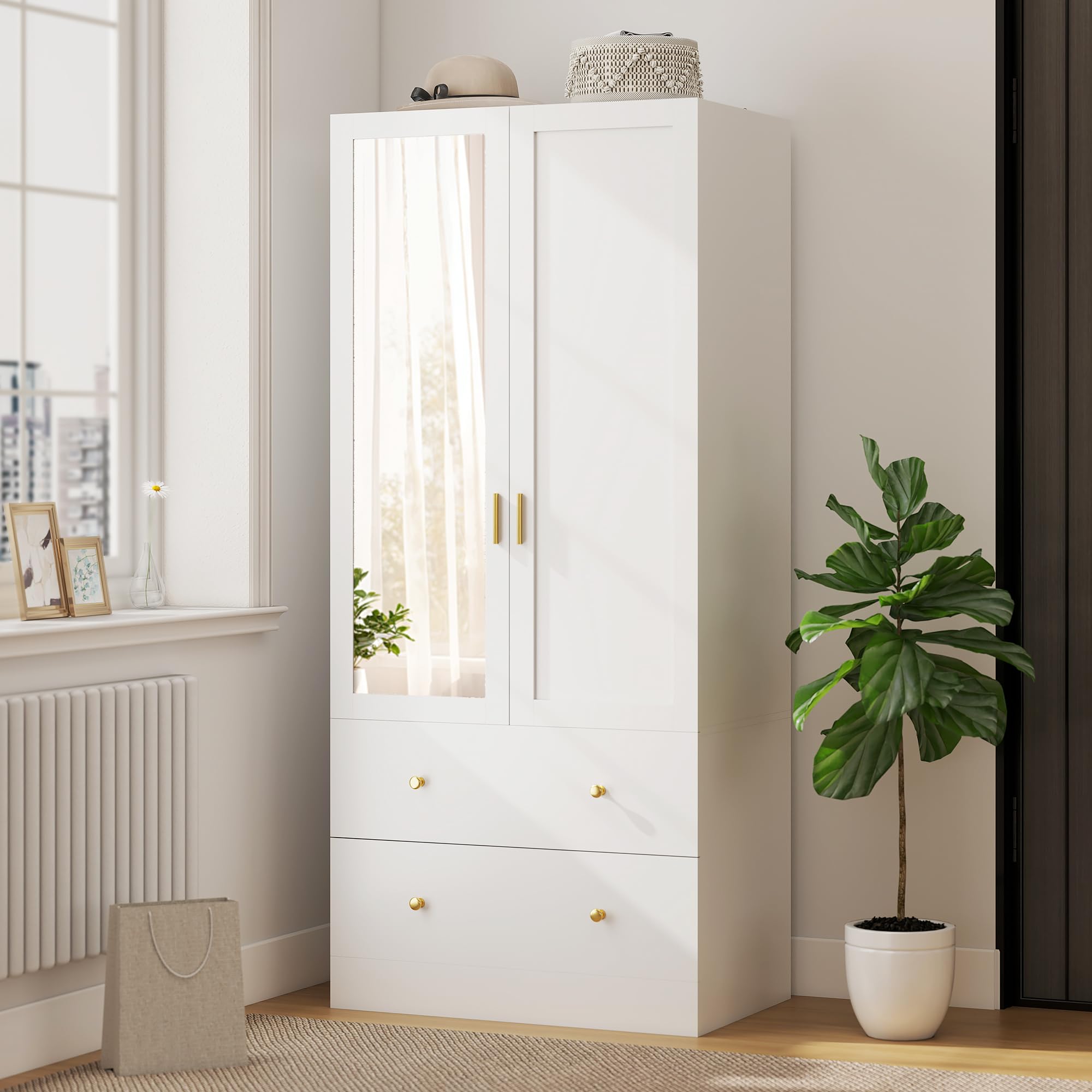 HOMCOM Armoire Chambre penderie avec Miroir, 2 Portes, Armoire à vêtements, Dressing avec 2 tiroirs et Barre de Suspension, Style Moderne, 80 x 50 x 180 cm, Blanc