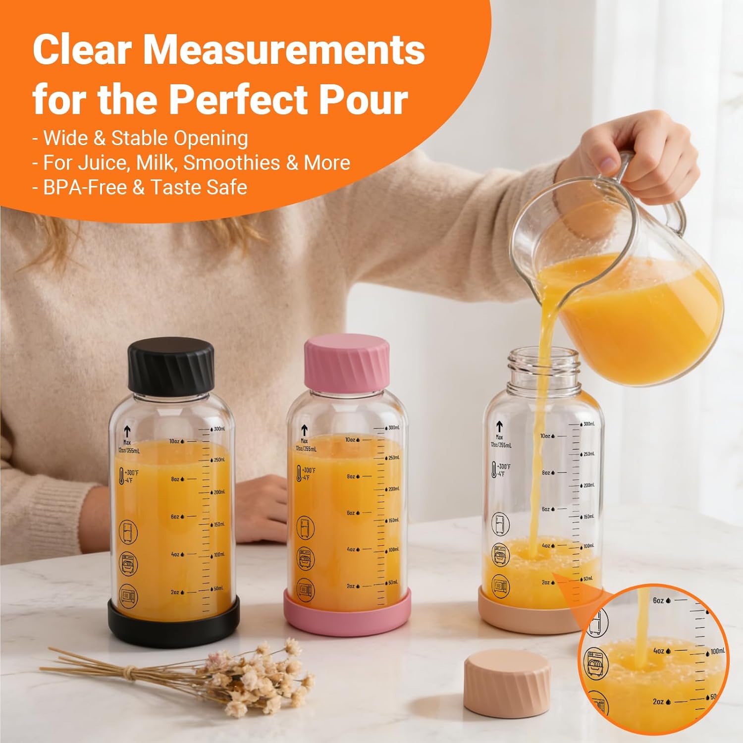Glass Juice Bottles with Lids 12oz, 6 Pack – Borosilicate Glass Bottles for Juicing, Smoothies, Water & Beverage Storage, Stainless Steel Lids, Reusable, Leakproof, Heat-Resistant, BPA-Free