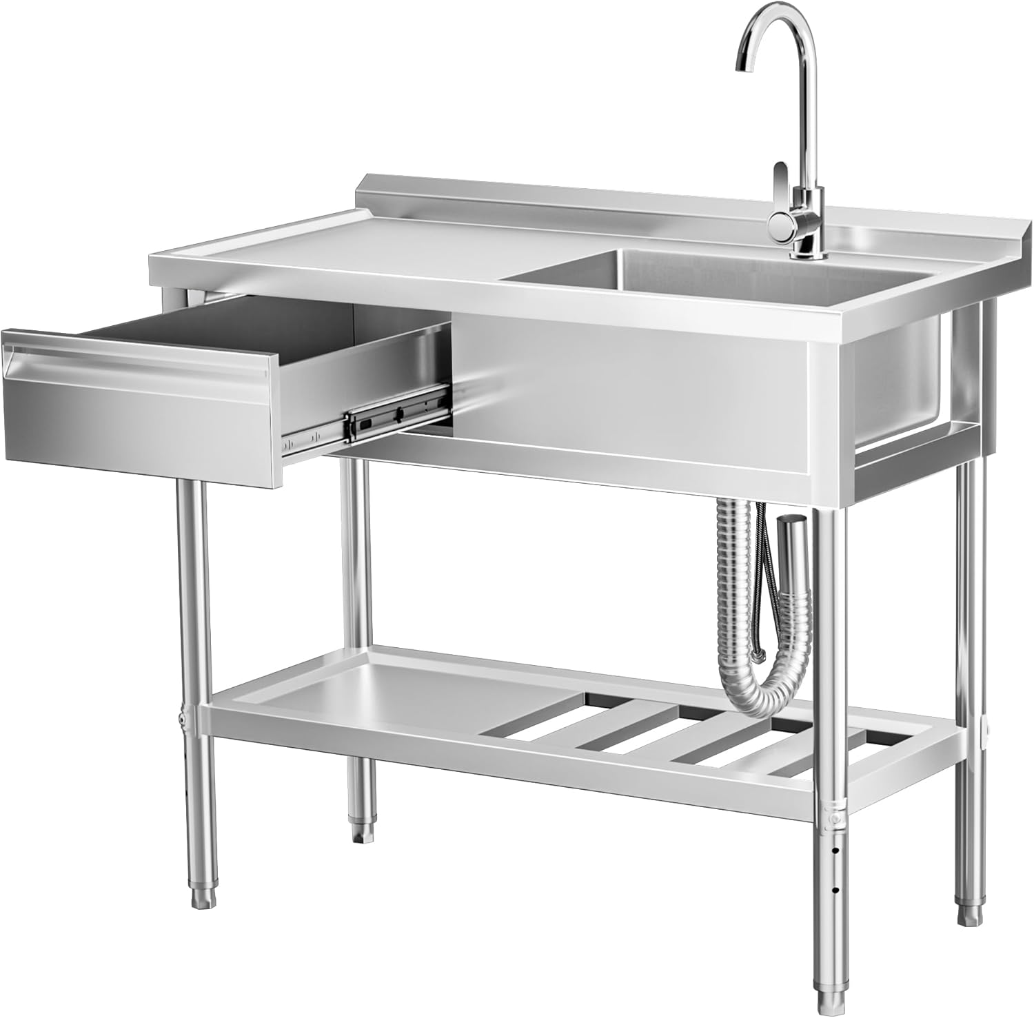 Stainless Steel Sink with Cold and Hot Water Pipes, Free Standing Single Bowl Commercial Kitchen Sink W/Workbench & Storage Shelf, Faucet For Laundry Room, Farmhouse, Indoor/Outdoor(47 inch)