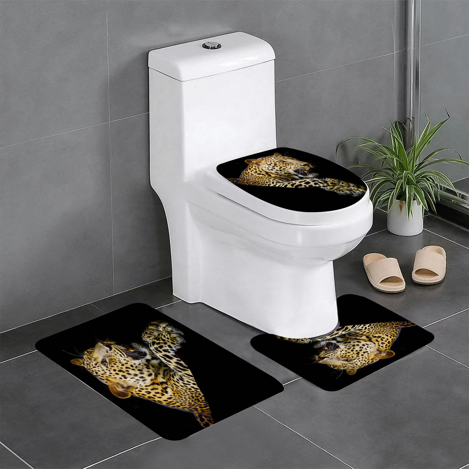 Set di 3 tappetini da Bagno, Lavabili in Lavatrice e Antiscivolo, in Morbida Fibra Superfine, con Stampa Leopardata (3)