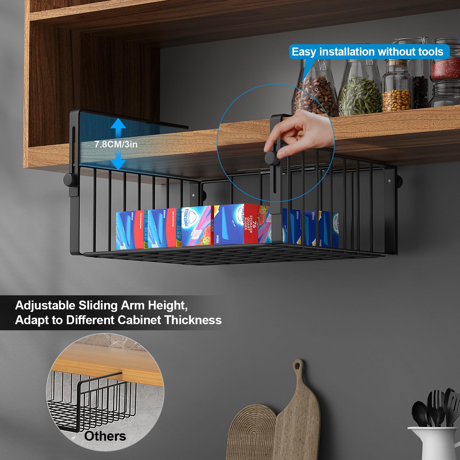 AmonHouseware Paquete de 2 cestas de almacenamiento colgantes debajo del estante, estantes de almacenamiento adicionales debajo del gabinete, organizador para lavandería, cocina, despensa, escritorio