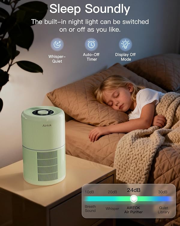 AIRTOK Air Purifiers for Bedroom Home, H13 True HEPA Air Filter for Smoke, Dust, Odors, Pollen, Pet Dander 99.97% Removal, Air Purifiers Large Room with Fragrance Sponge, Green by AIRTOK - Used condition - Image 6