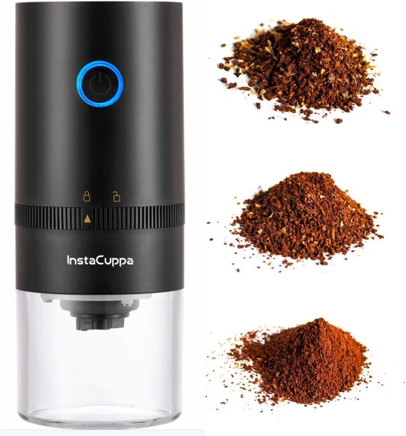 InstaCuppa USB Rechargeable Coffee Grinder for Busy Moms | 5 Adjustable Grind Settings | Ceramic Burr | 1250 mAh Battery | 25g Bean Capacity | Transparent Canister | Travel-Friendly & Easy to Clean