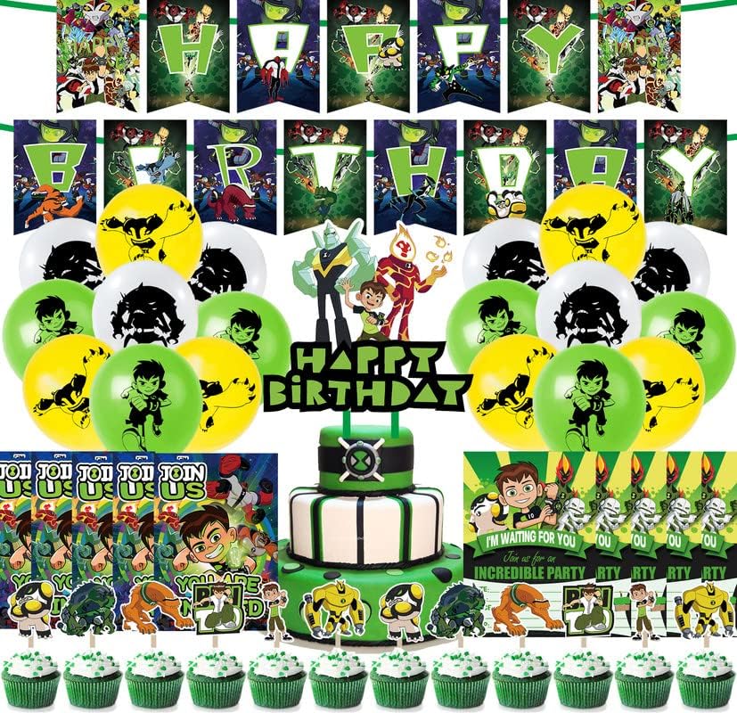 Ben 10 Party Supplies Birthday, Ben10 Theme Party Supplies Includes Happy Birthday Banner, Cake Toppers, Latex Balloons, Invitation Card, Birthday Balloons For Kids' Birthday Decorations