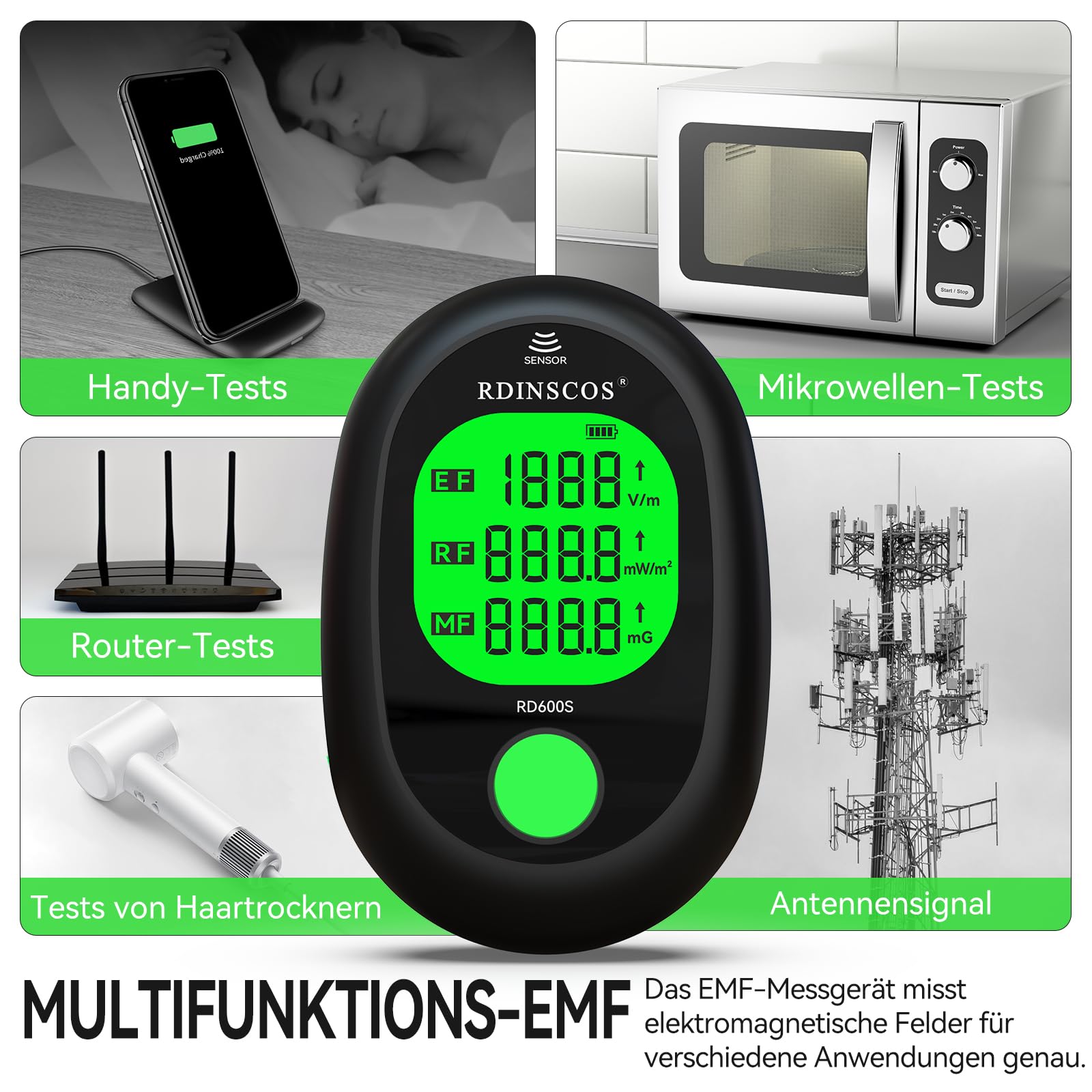 EMF Messgerät Elektrosmog Strahlenmessgerät – Tragbarer EMF Detektor mit 3-Farben LCD, Wiederaufladbar für Zuhause, Büro & Outdoor
