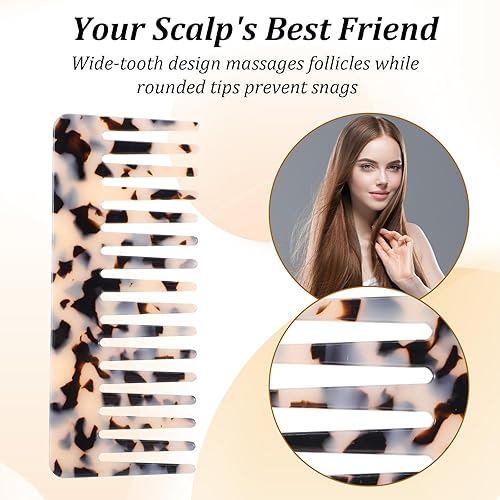 Miniatura 6 de Paquete de 2 peines de dientes anchos para mujer, peine desenredante de cabello grande, peines de dientes anchos de acetato de celulosa para rizos,
