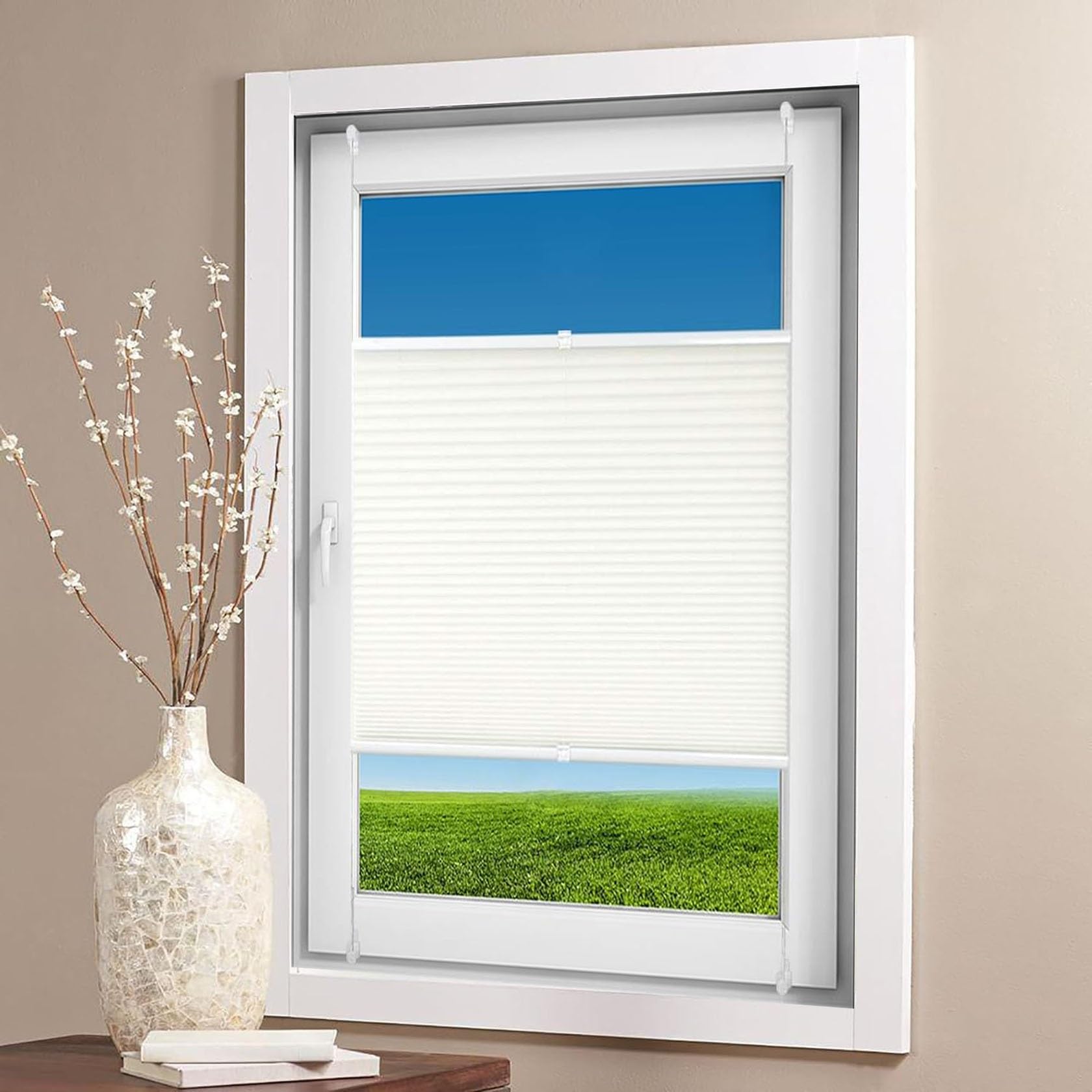 Pleated Fabric Blind 80 x 220 cm Quick Fix and Easy to Install Self-adhesive Paper Blinds Shades Easy-to-Hang For Windows Doors Shades, White