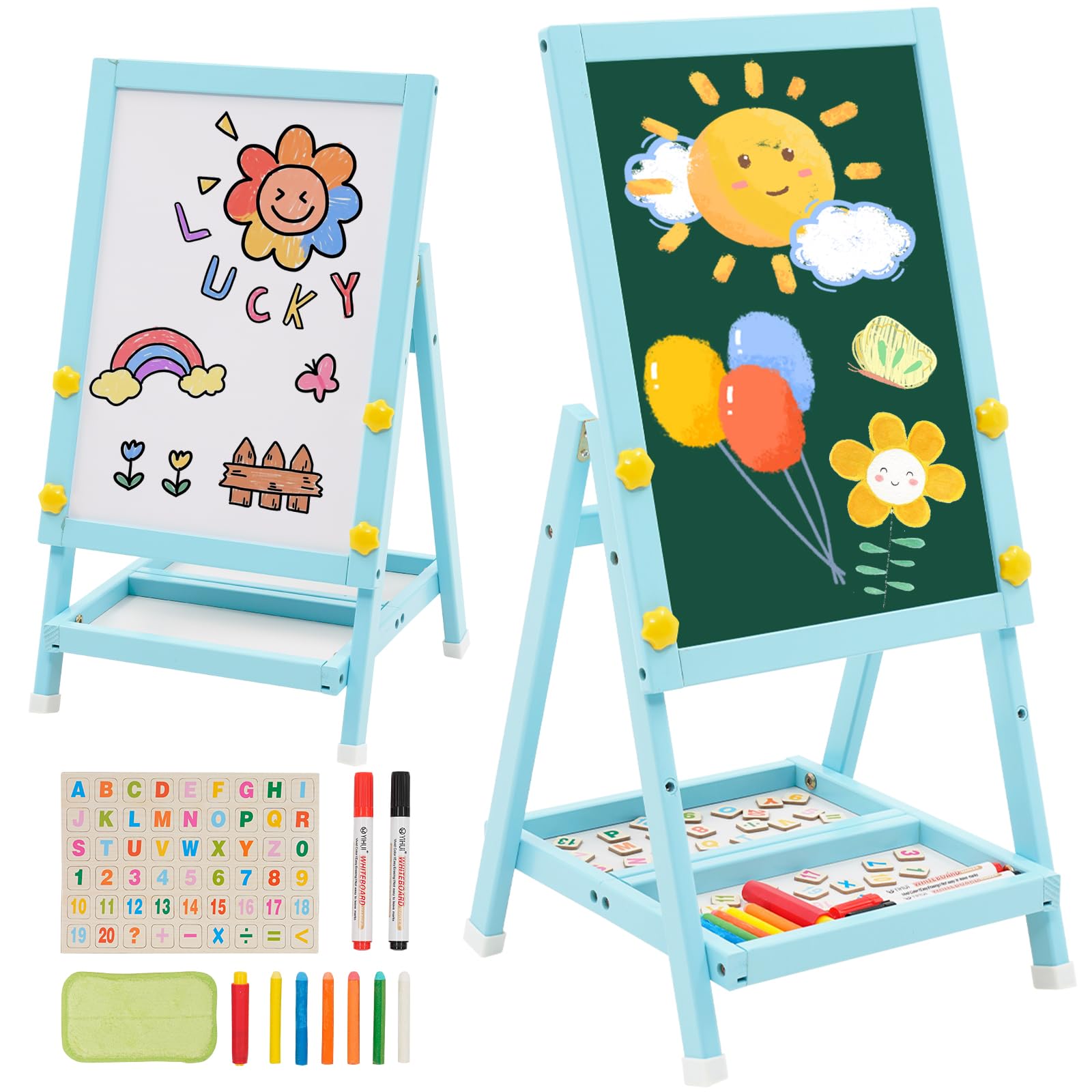 Lavagna in legno per bambini, Art Kids Easel cavalletto per l'arte Mini Blue Lavagna bifacciale e lavagna per bambini con numeri e altri accessori per bambini e bambini.