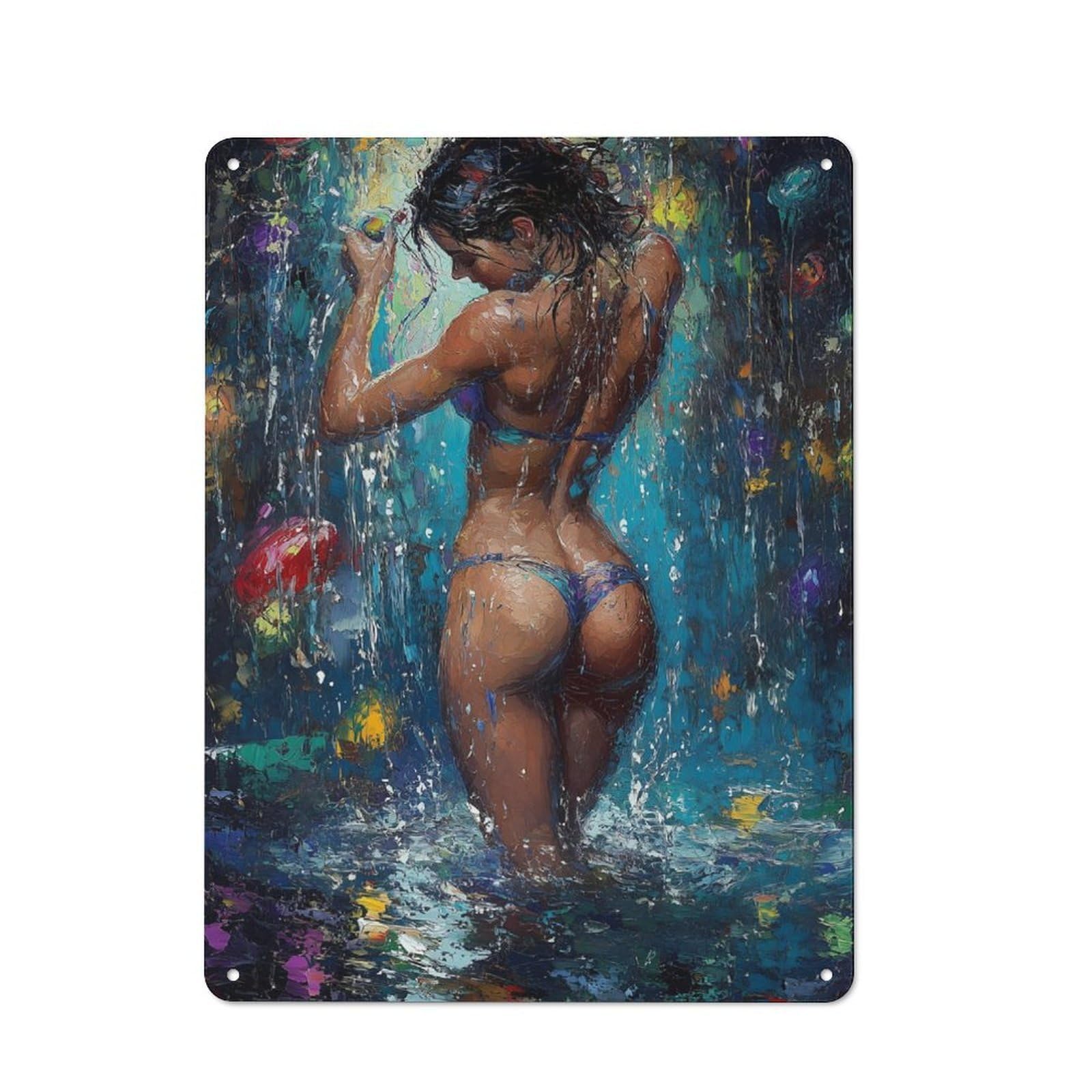 Junmoney Woman Under Waterfall For Studio Or Craft Room, Rustic Metal Wall Sign 40X30cm, For Vintage Wall Decor Fans, For Metal Sign Collectors