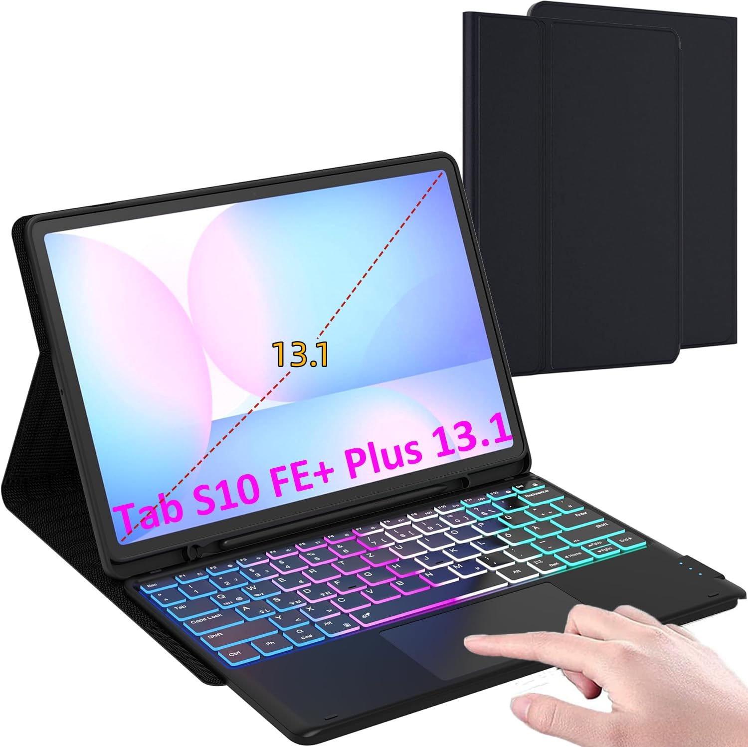 für Samsung Tab S10 FE+ Plus 13.1 Zoll Hülle mit Tastatur mit Trackpad | 7 Farben RGB Hintergrundbeleuchtung, Touchpad, DeX-Taste, Pen Halter, Abnehmbare Tastatur, Deutsches QWERTZ-Layout, TPU-hülle