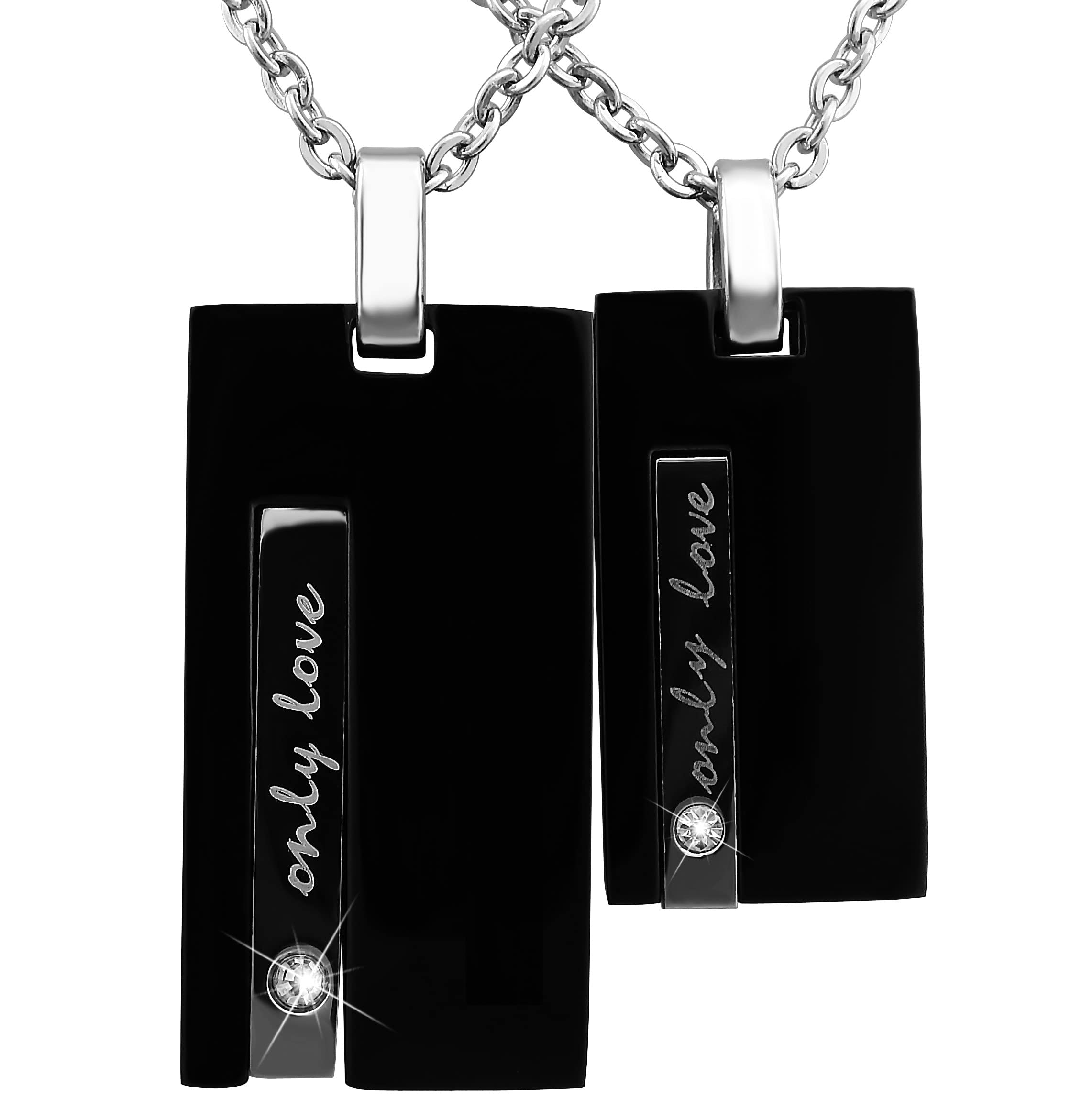 Personalisierte Kette mit Gravur Edelstahl 50 cm mit Anhänger Rechteck Only Love in silber schwarz - Personalisierte Halskette für Frauen Männer - Personalisierter Schmuck Damen Herren