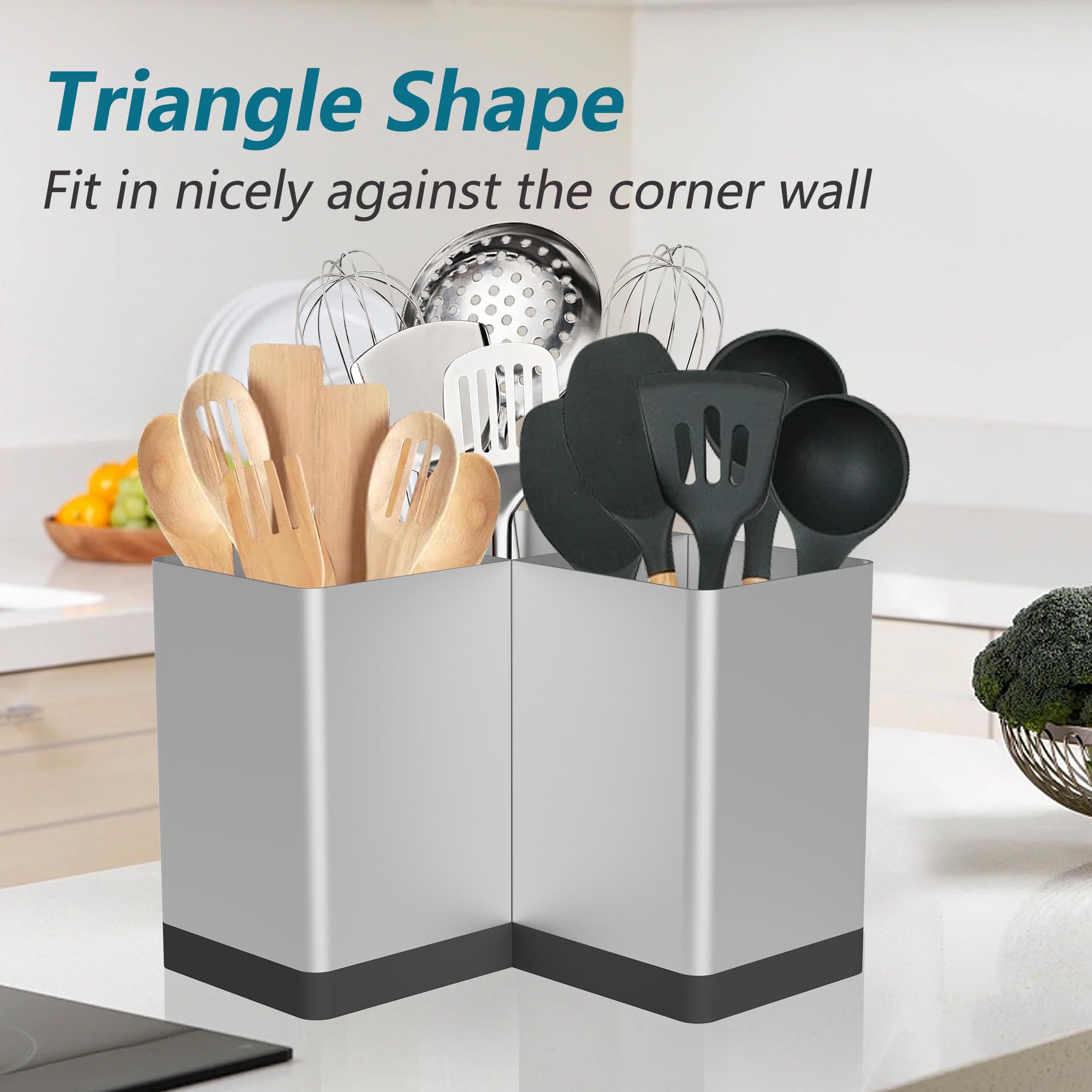 Suli Porte-ustensiles de cuisine extra large avec 3 compartiment,métal,Argenté