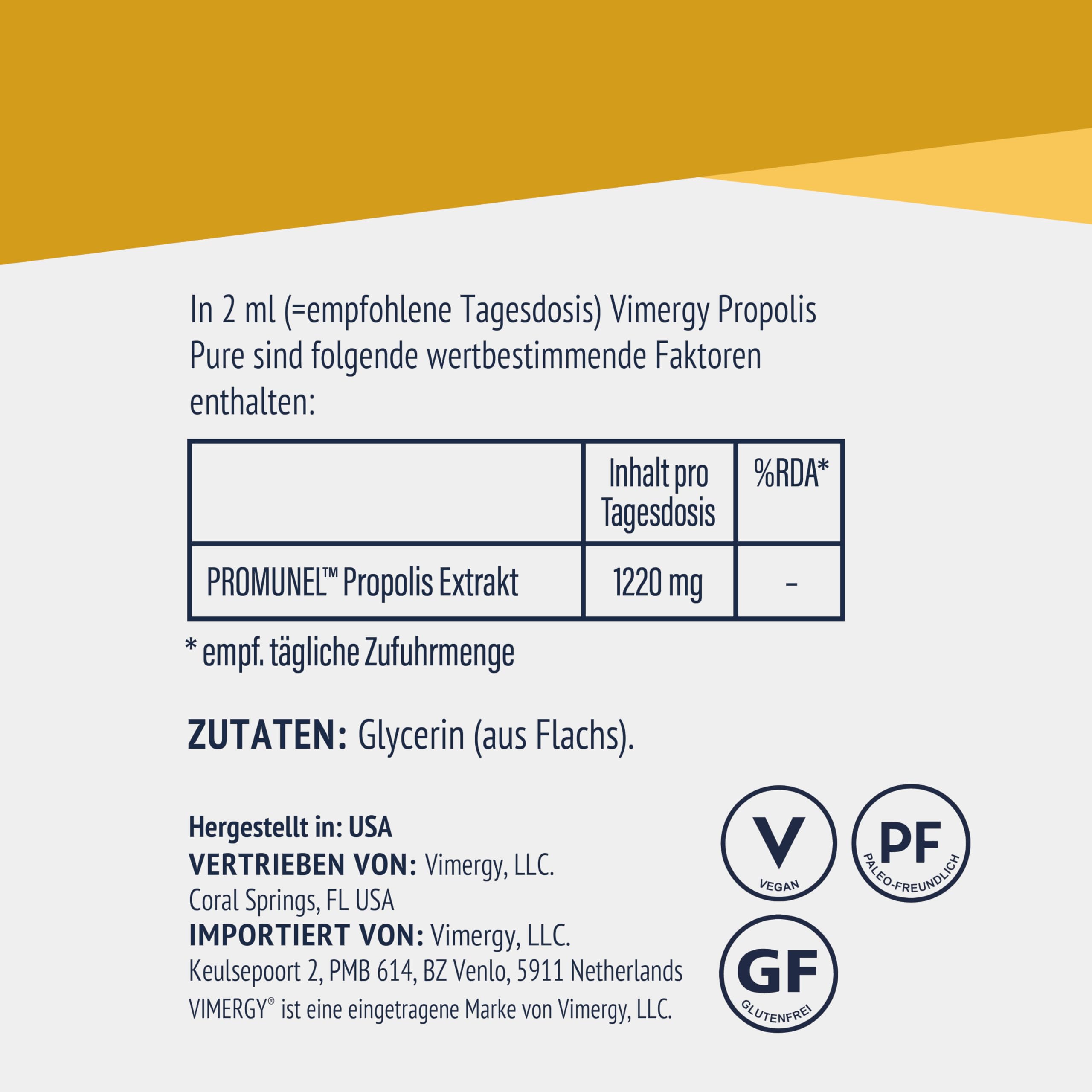 Vimergy PropolisPureTM (57 Einnahmen) – 1220 mg Propolis Tropfen – auf Polyphenole Standardisiert – Vegetarische Nahrungsergänzung – Ohne Zucker oder Bindemittel – Gentechnik- und Glutenfrei (115 ml)