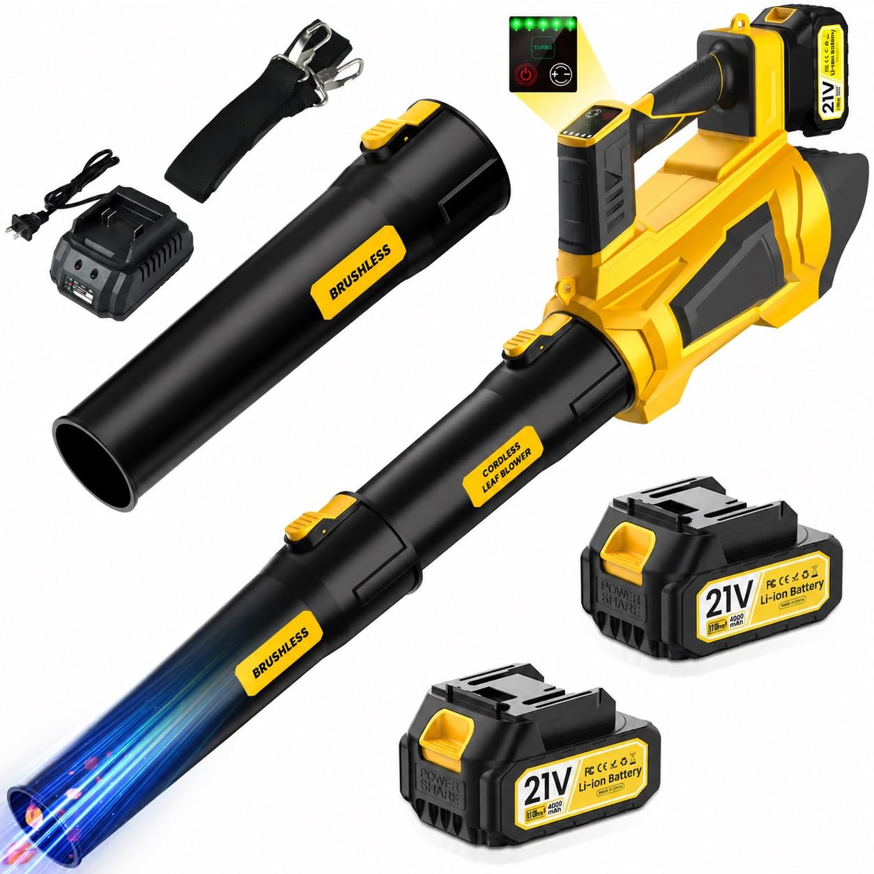 Akku Laubbläser 21V 8000mAh, 1000W Bürstenloser Motor 98000 U/min, Laubbläser Akku Kabellos mit 5 Geschwindigkeiten & Turbo-Modus, Laubbläser Leise für Garten Terrasse Einfahrt Garage