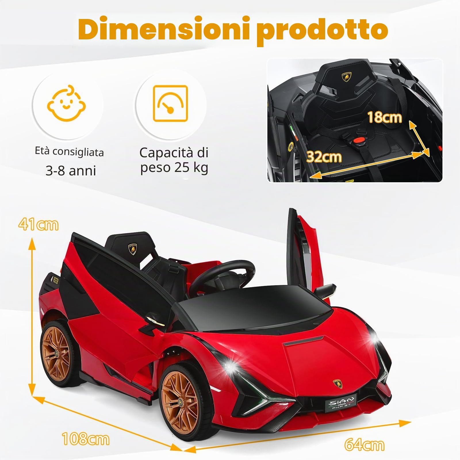 SOARS Macchina Elettrica per Bambini Lamborghini SIAN 12V con Telecomando, Auto Elettrico a Pedale e Luci LED, Veicoli con Musica, MP3, Clacson e Radio, Carico 25 kg, 3-8 Anni (Rosso)