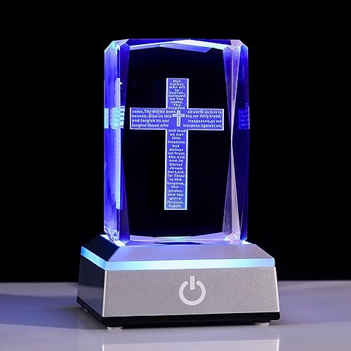 BAHUJIDA Crucifijo de cristal grabado con láser 3D, versĂculo de la Biblia, oraciĂłn con base de luz colorida, lámparas de escritorio The Lord para BAHUJIDA Crucifijo de cristal grabado con láser 3D, versĂculo de la Biblia, oraciĂłn con base de luz colorida, lámparas de escritorio The Lord para