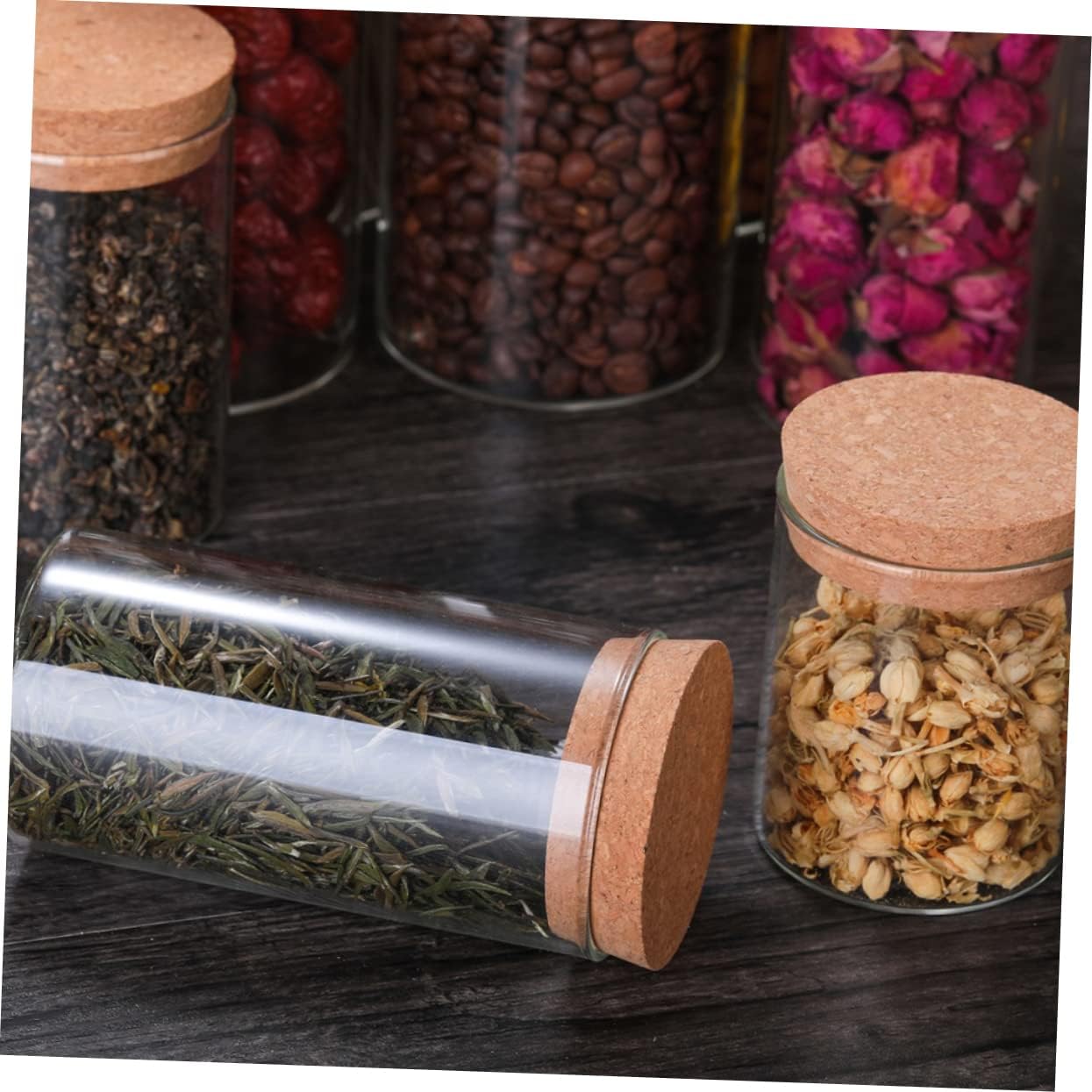 PRETYZOOM 4pcs Sealed Glass Storage Canisters Cork Lid Food Jars for Tea Coffee Dried Fruits Kitchen Containers for Dry Food Organization