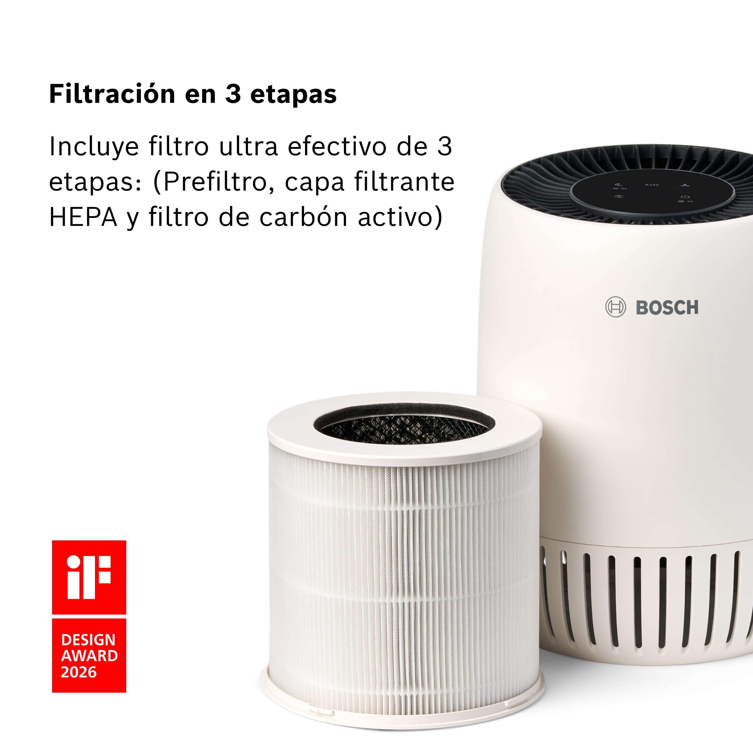 Bosch Air 1000 Purificador de Aire - Elimina contaminantes, incluye filtro de aire y modo silencioso (< 25 dB(A)) - para superficies de hasta 23 m² - con modo automático - CADR: 100 m³/h