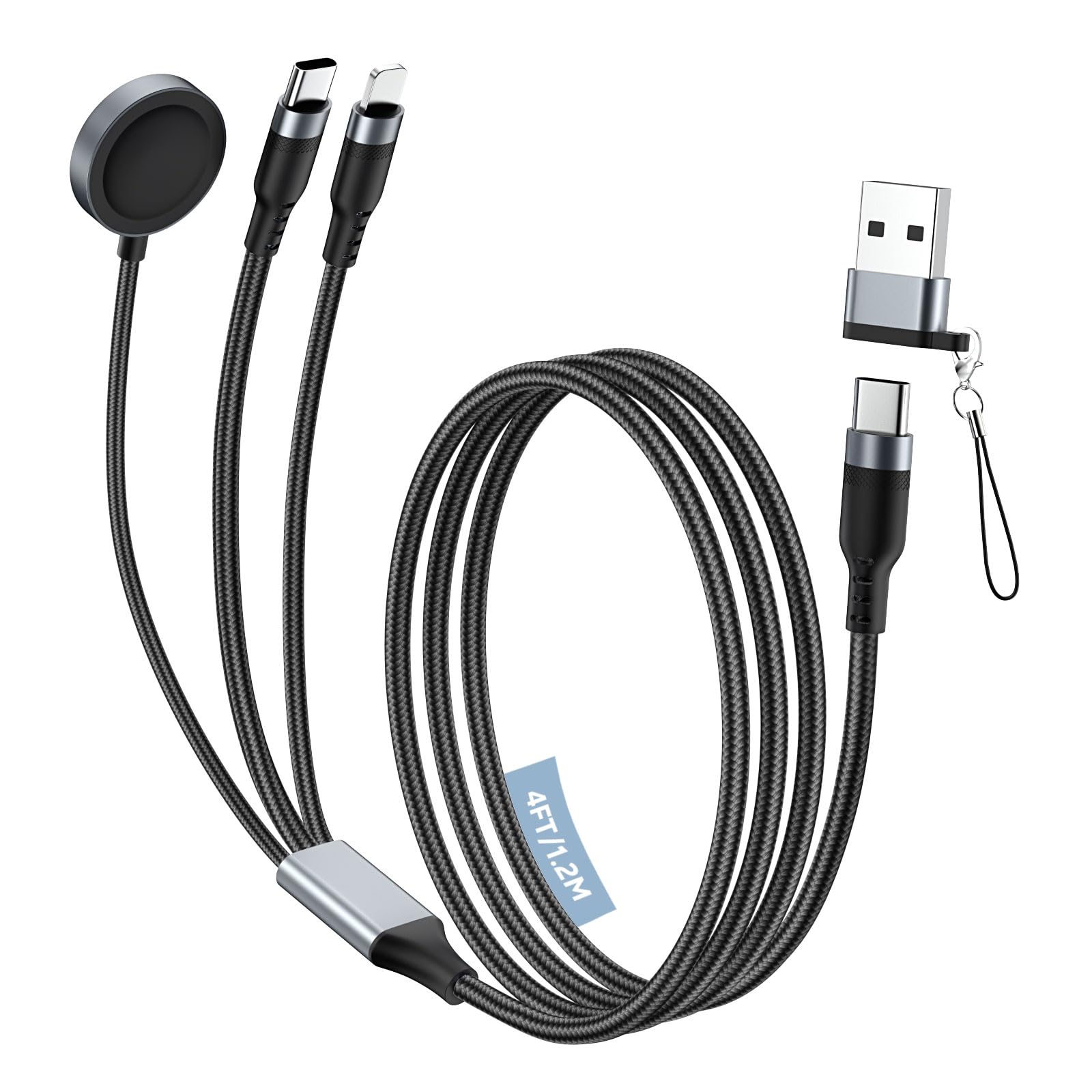MoKo 3-in-2-USB-C-Kabel für Apple Watch-Ladegerät, Multi-Ladekabel Kompatibel mit iPhone/iPad/iWatch Series 11/10/9/8/7/6/5/4/3/2/1/Ultra 3/Ultra 2/Ultra/SE 3/SE 2/SE, 1,2 m, Schwarz