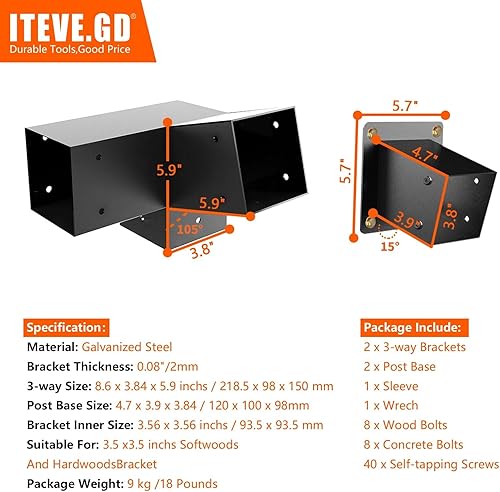 Miniatura 7 de Kit de soporte de pérgola de 3 vías, esquina de ángulo recto de 3 vías y base de poste de hormigón kit de bricolaje para madera de 4 x 4 (real 3.5 x